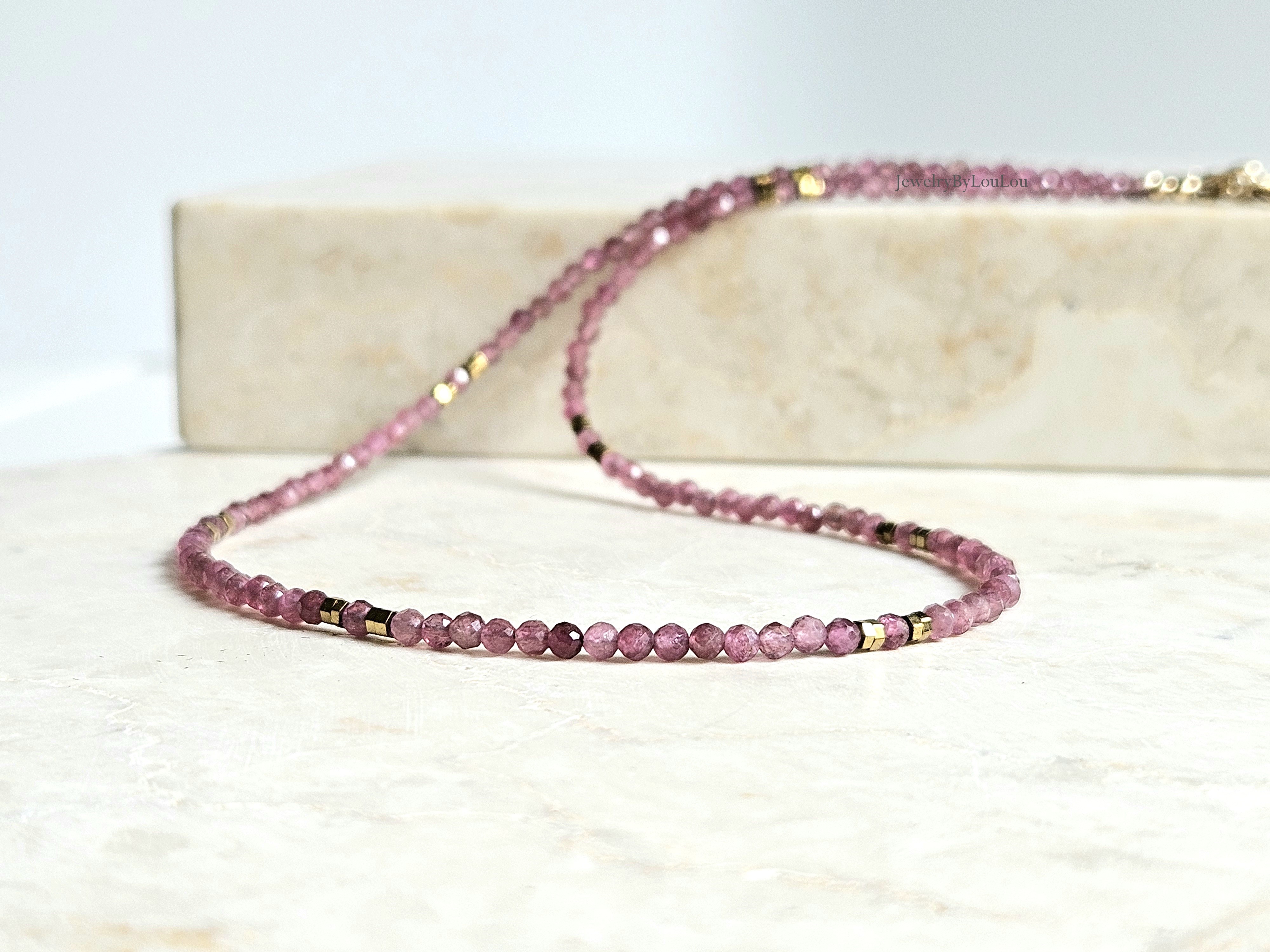 Pink Tourmaline beaded necklace, 14k goldfilled - 925 sterling silver