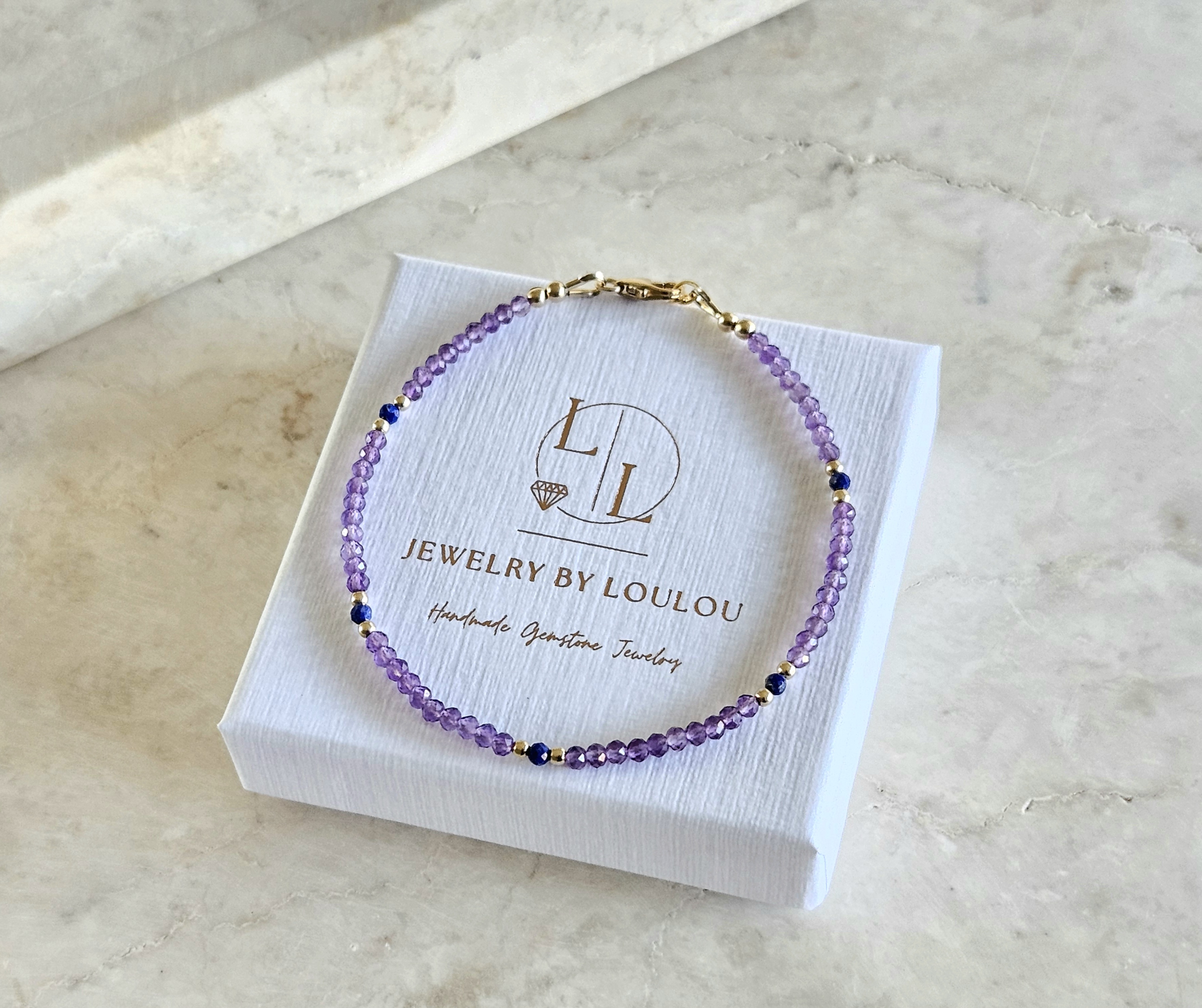 Amethist & Lapis Lazuli edelstenen kralen armband, leverbaar 14k goldfilled - 925 sterling zilver