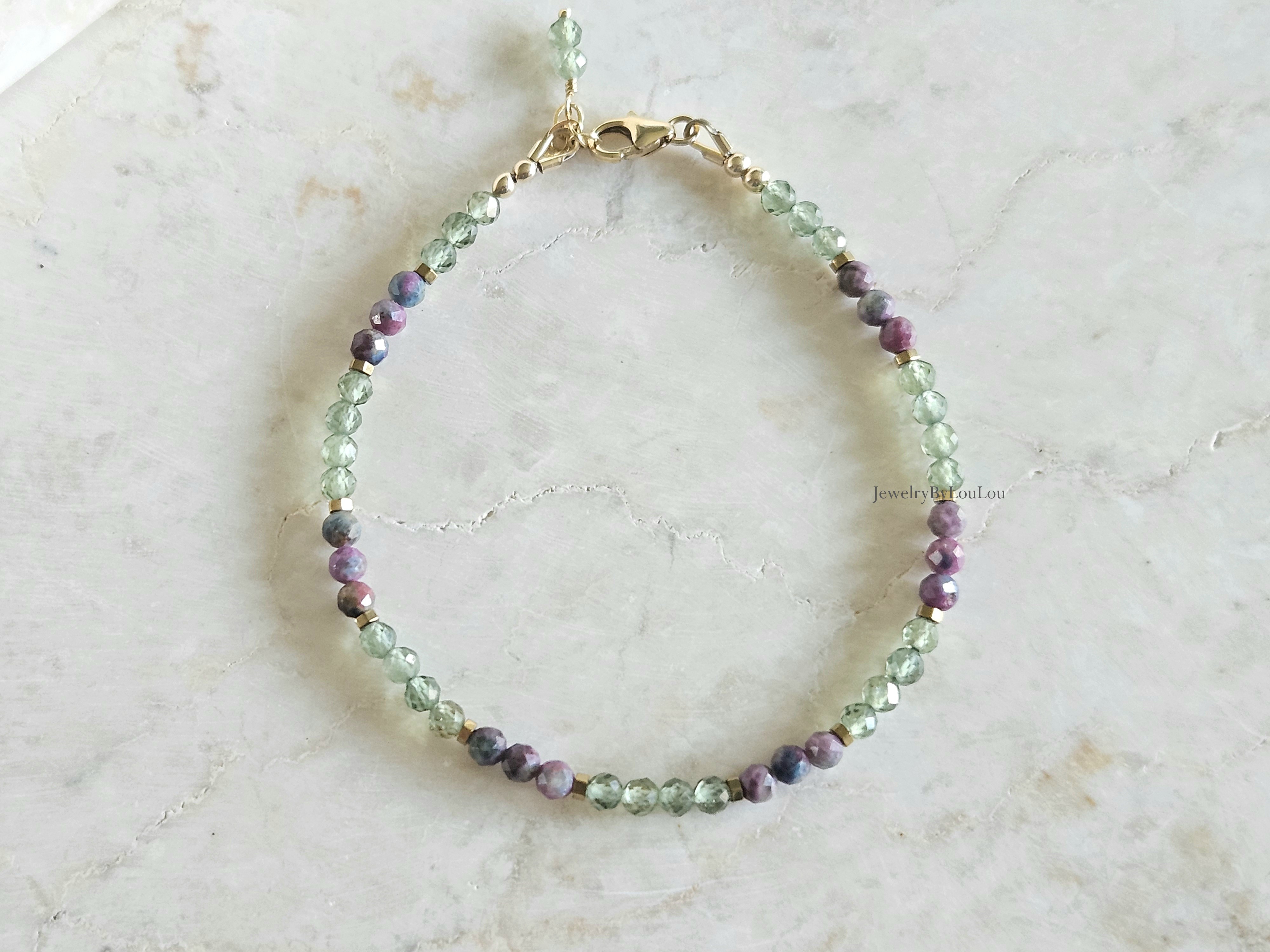 Apatiet en Robijn-Kyaniet Fuchsiet edelstenen kralen armband  14k goldfilled - 925 sterling zilver
