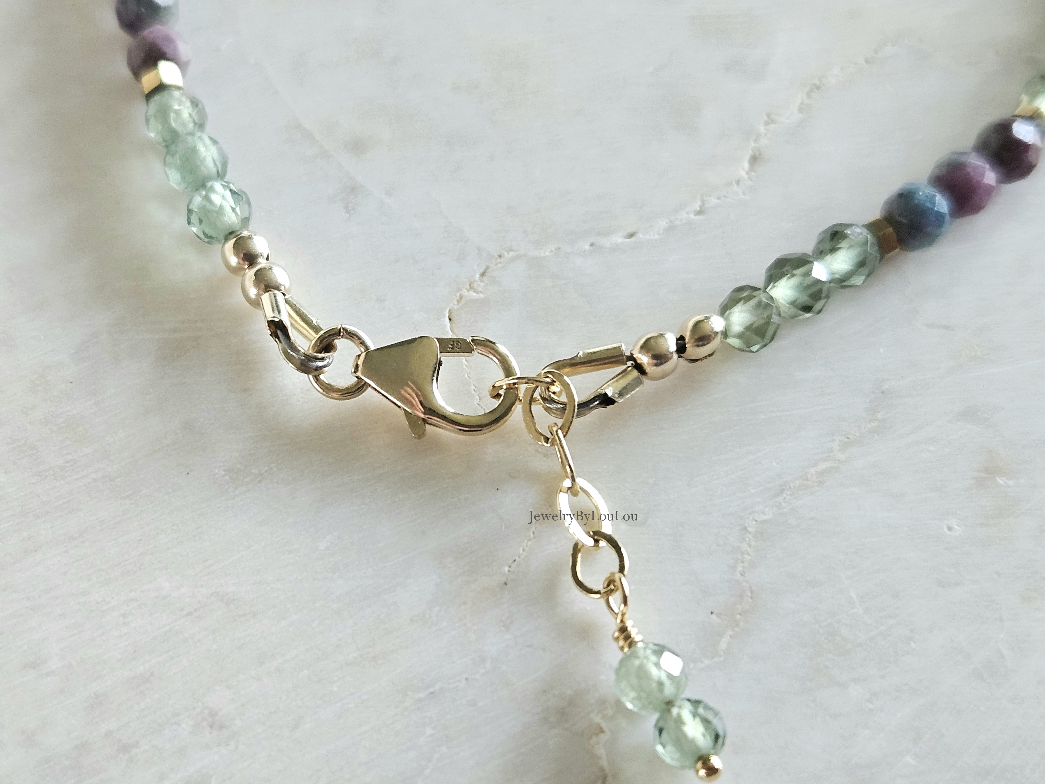 Apatiet en Robijn-Kyaniet Fuchsiet edelstenen kralen armband  14k goldfilled - 925 sterling zilver