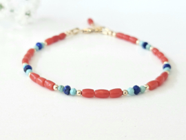 Red Deep Sea Coral, Lapis Lazuli and Turquoise beaded bracelet, 14k Goldfilled - 925 Sterling Silver