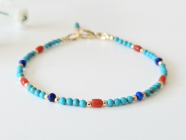 Turquoise, koraal en Lapis Lazuli kralen armband, 14k goldfilled - 925 sterling zilver