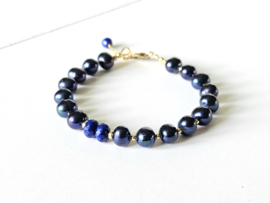Donkerblauwe zoetwaterparel en Lapis Lazuli kralenarmband ,  925 sterling zilver - 14k goldfilled