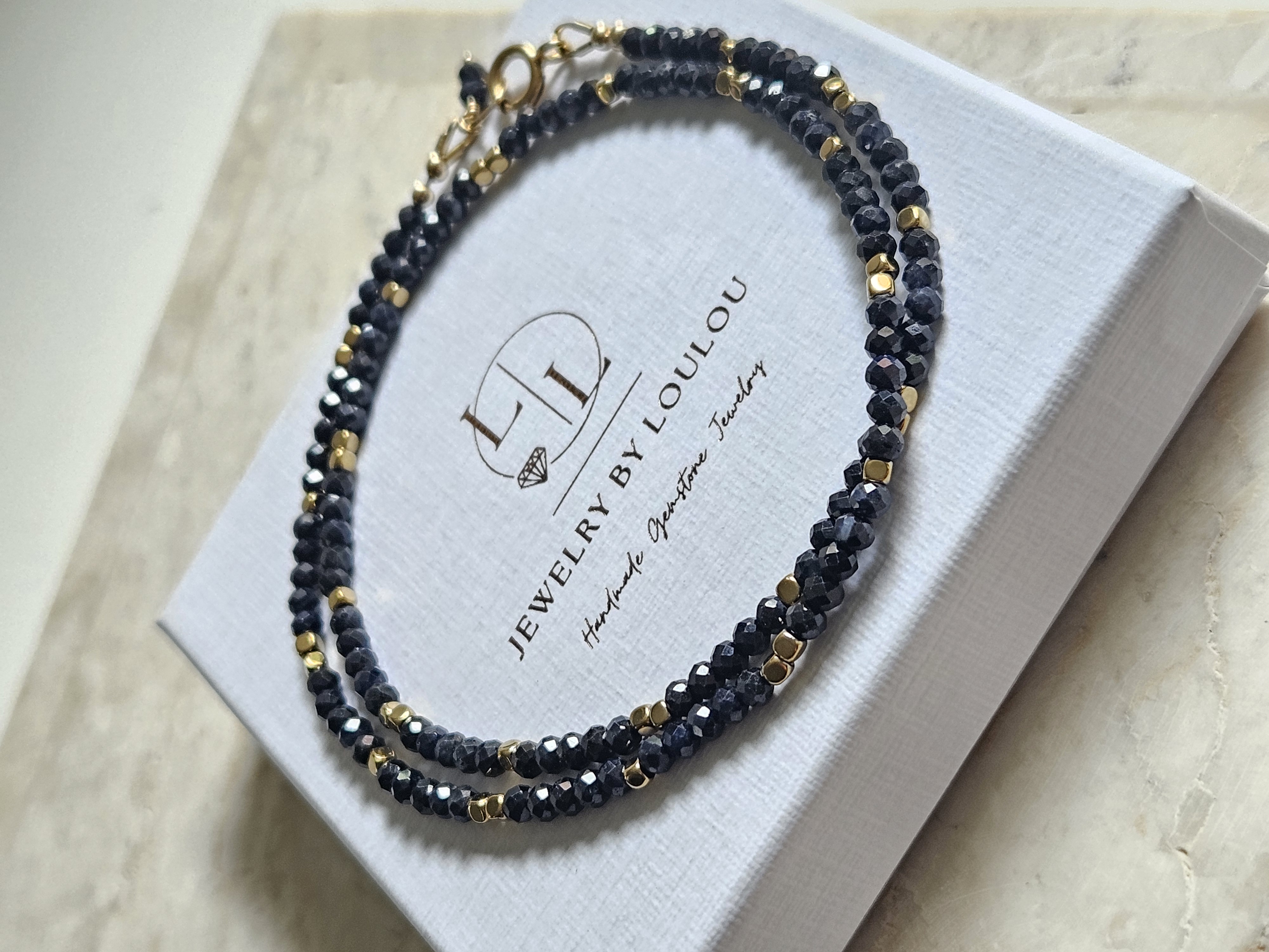 Darkblue Sapphire beaded necklace, 14k goldfilled - 925 sterling silver