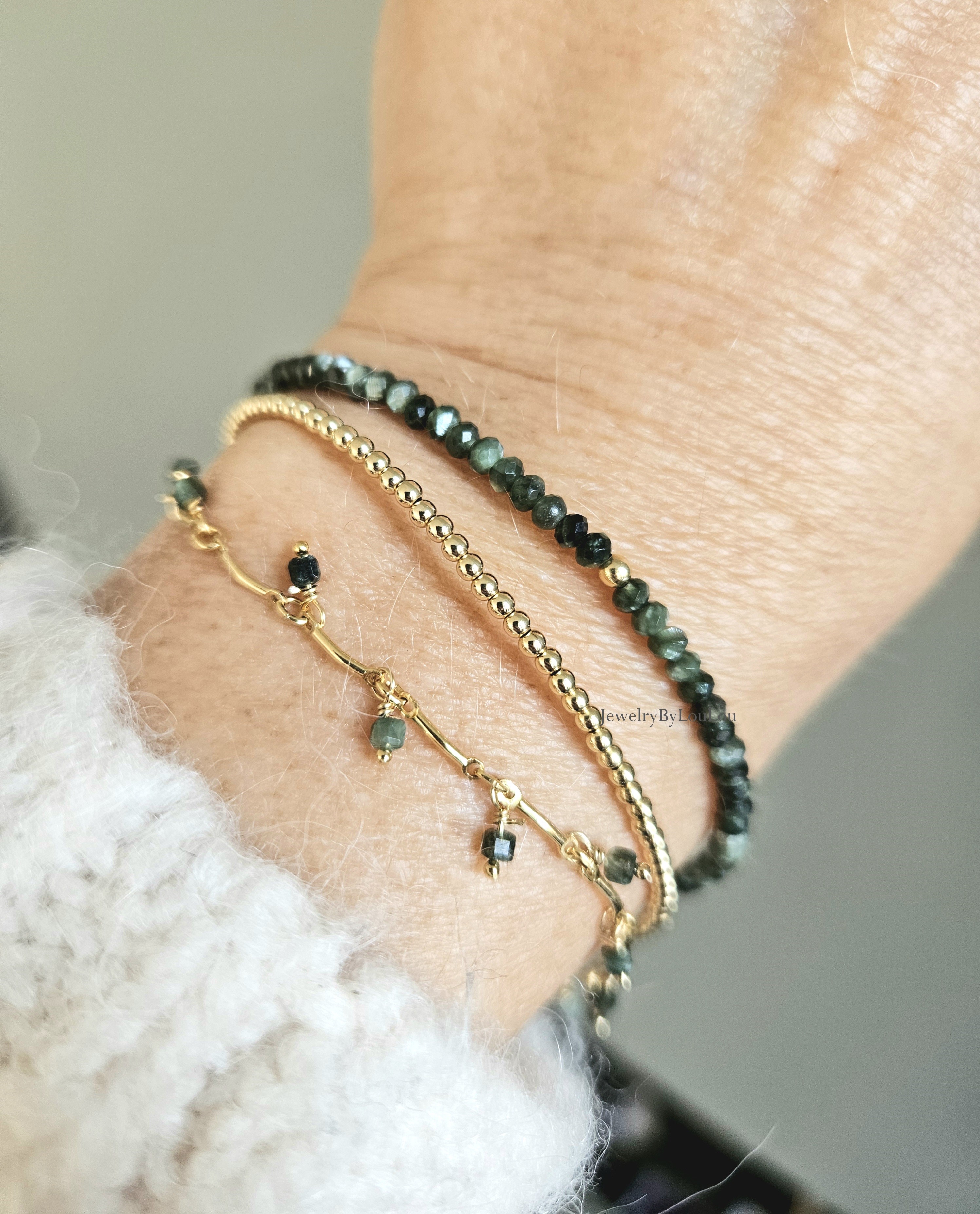 Fine Serafinite bead bracelet, 14k gold-filled - 925 sterling silver