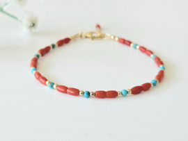 Rode diepzee Koraal en Turquoise kralen armband, 14k goldfilled - 925 sterling zilver