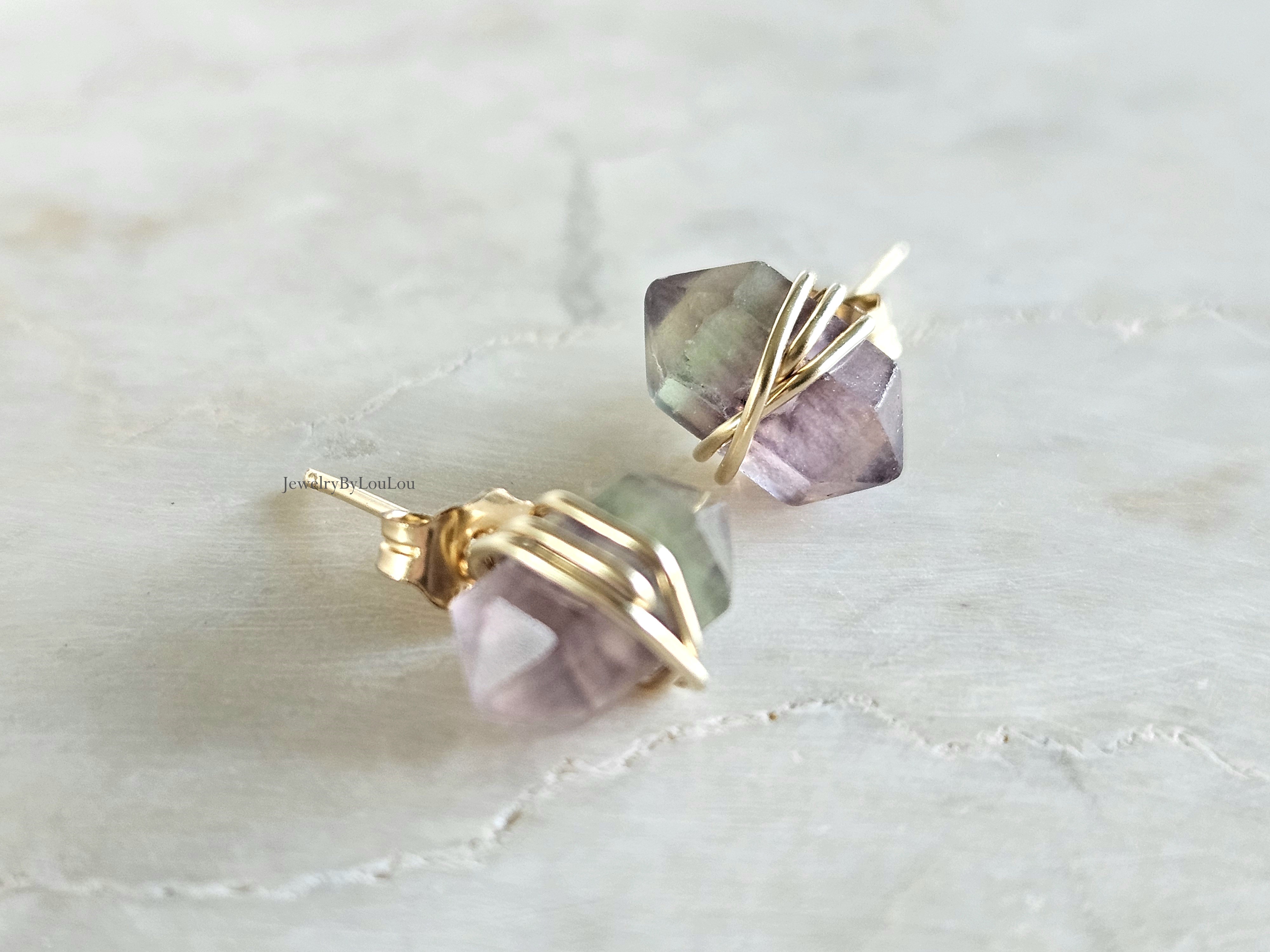 Fluoriet studs oorbellen  14k goldfilled & 925 sterling zilver