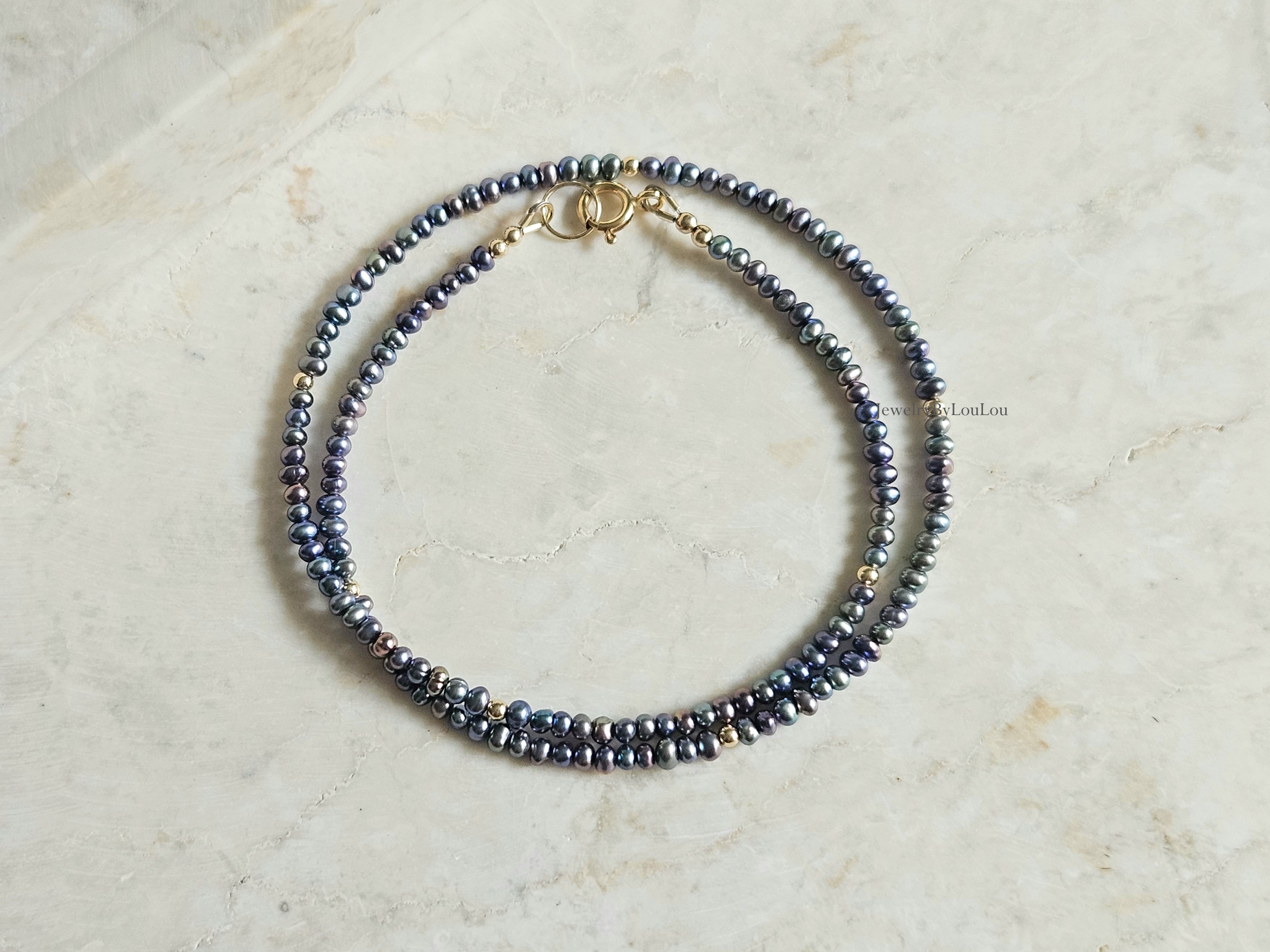 Peacock freshwaterpearl beaded necklace, 14k goldfilled - 925 sterling silver