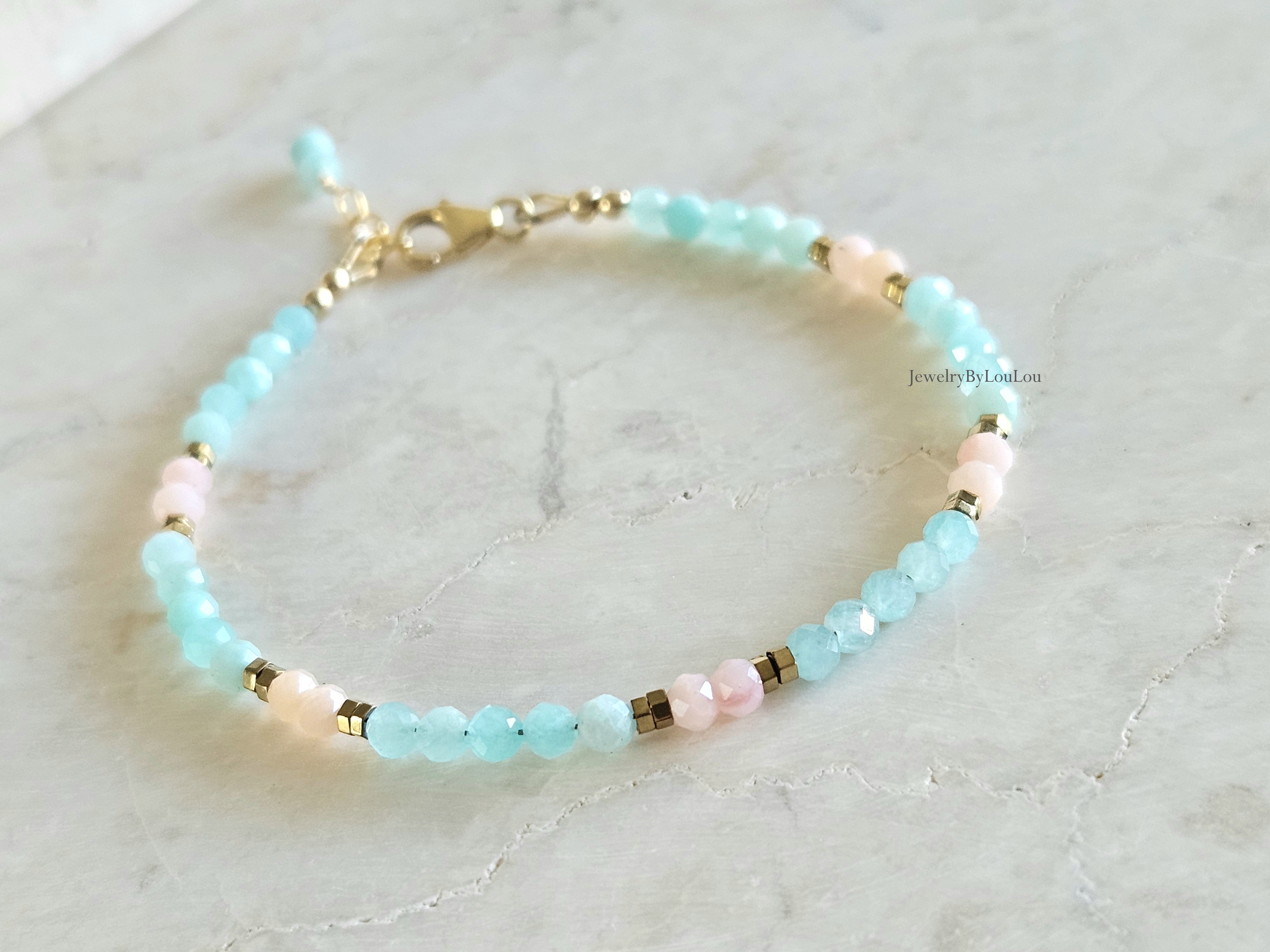 Amazoniet  en roze Opaal kralen armband, 14k goldfilled - 925 sterling zilver
