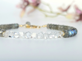 Labradoriet en Herkimer diamant edelstenen kralen armband ,  925 sterling zilver - 14k goldfilled