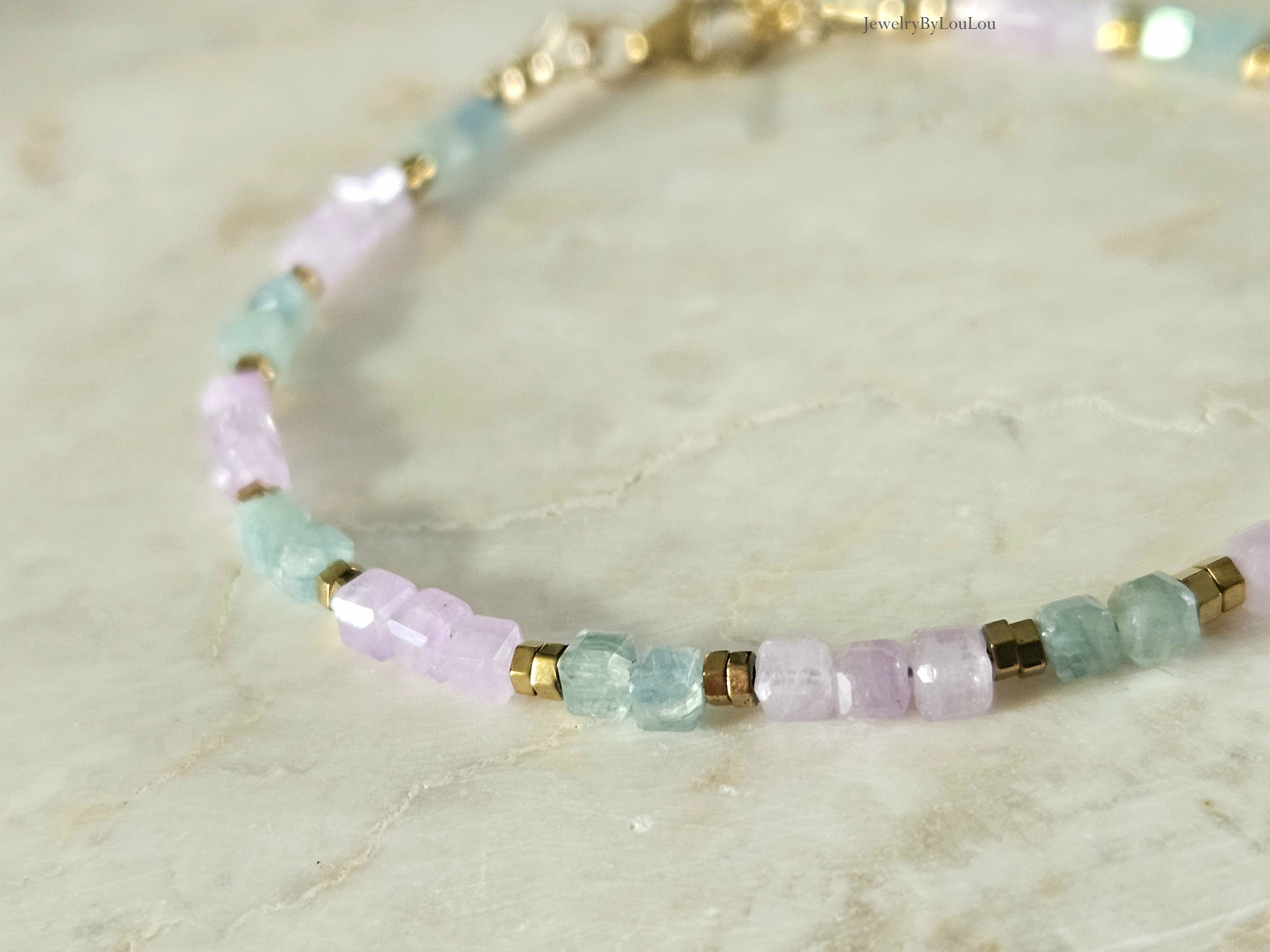 Kunziet en groen-blauwe Kyaniet kralen armband, 14k goldfilled & 925 sterling zilver