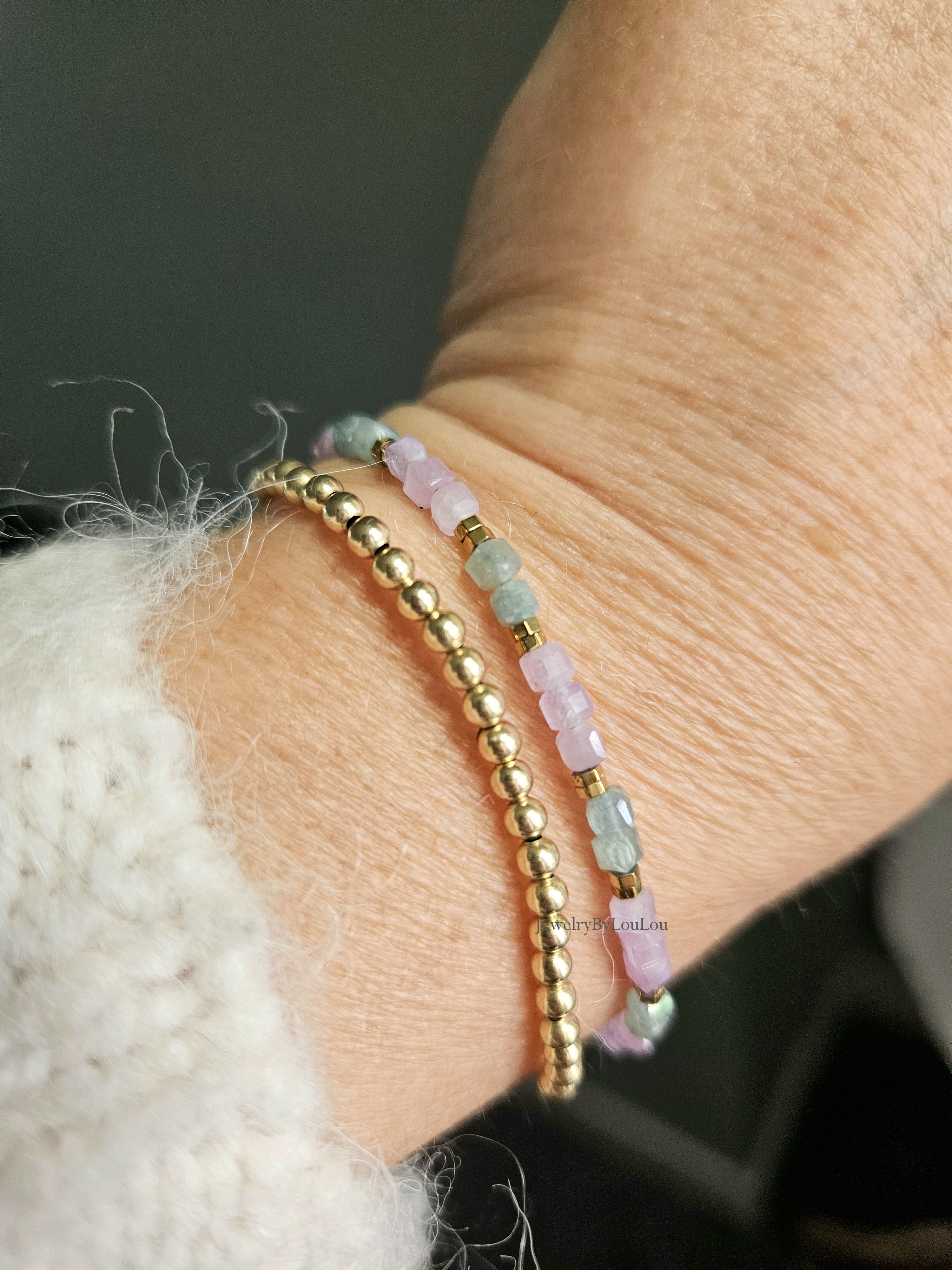 Kunziet en groen-blauwe Kyaniet kralen armband, 14k goldfilled & 925 sterling zilver