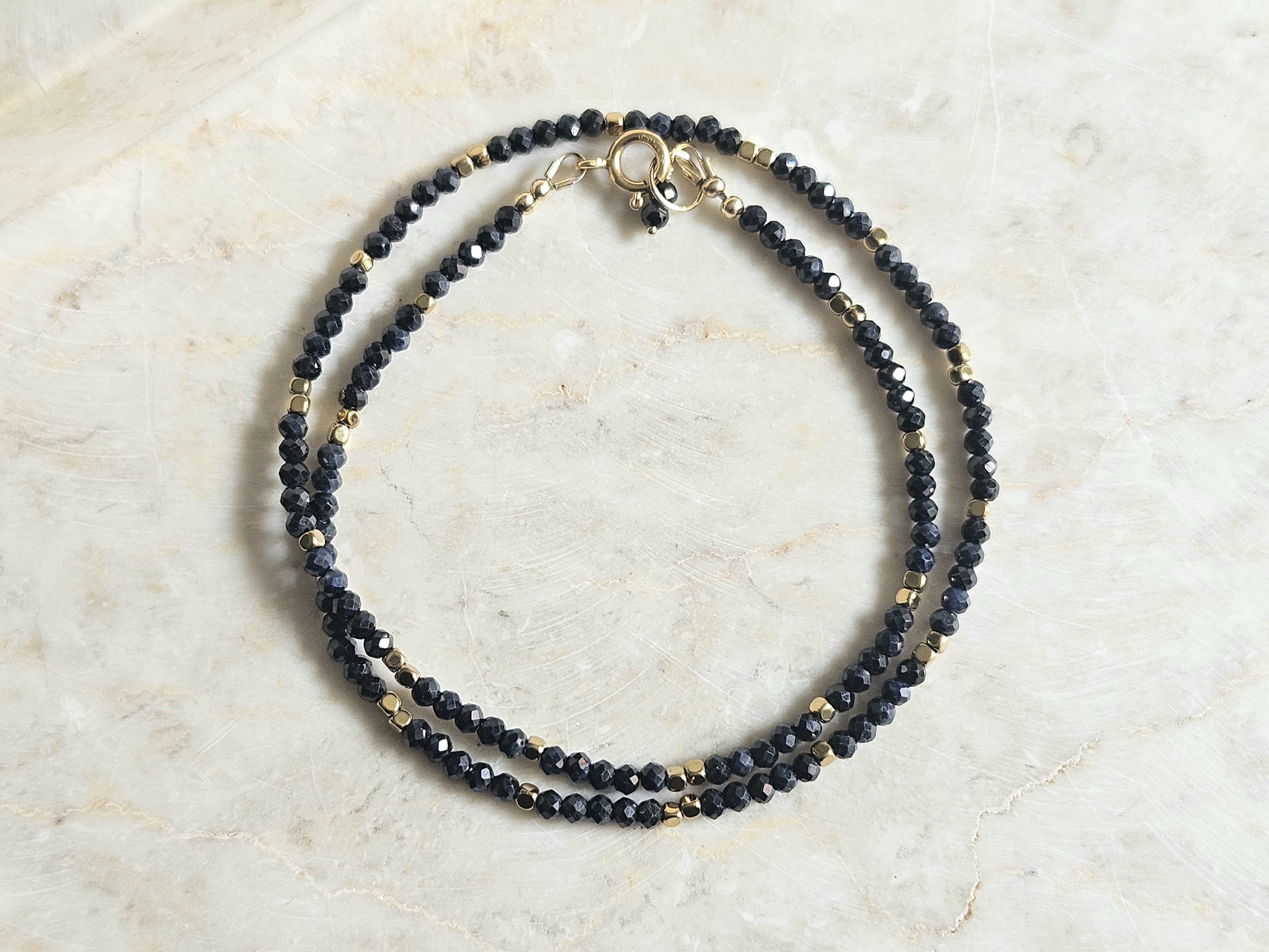 Darkblue Sapphire beaded necklace, 14k goldfilled - 925 sterling silver