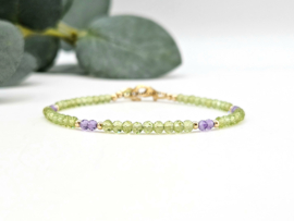 Peridot and Amethyst gemstone beaded bracelet, 14k goldfilled & 925 sterling silver