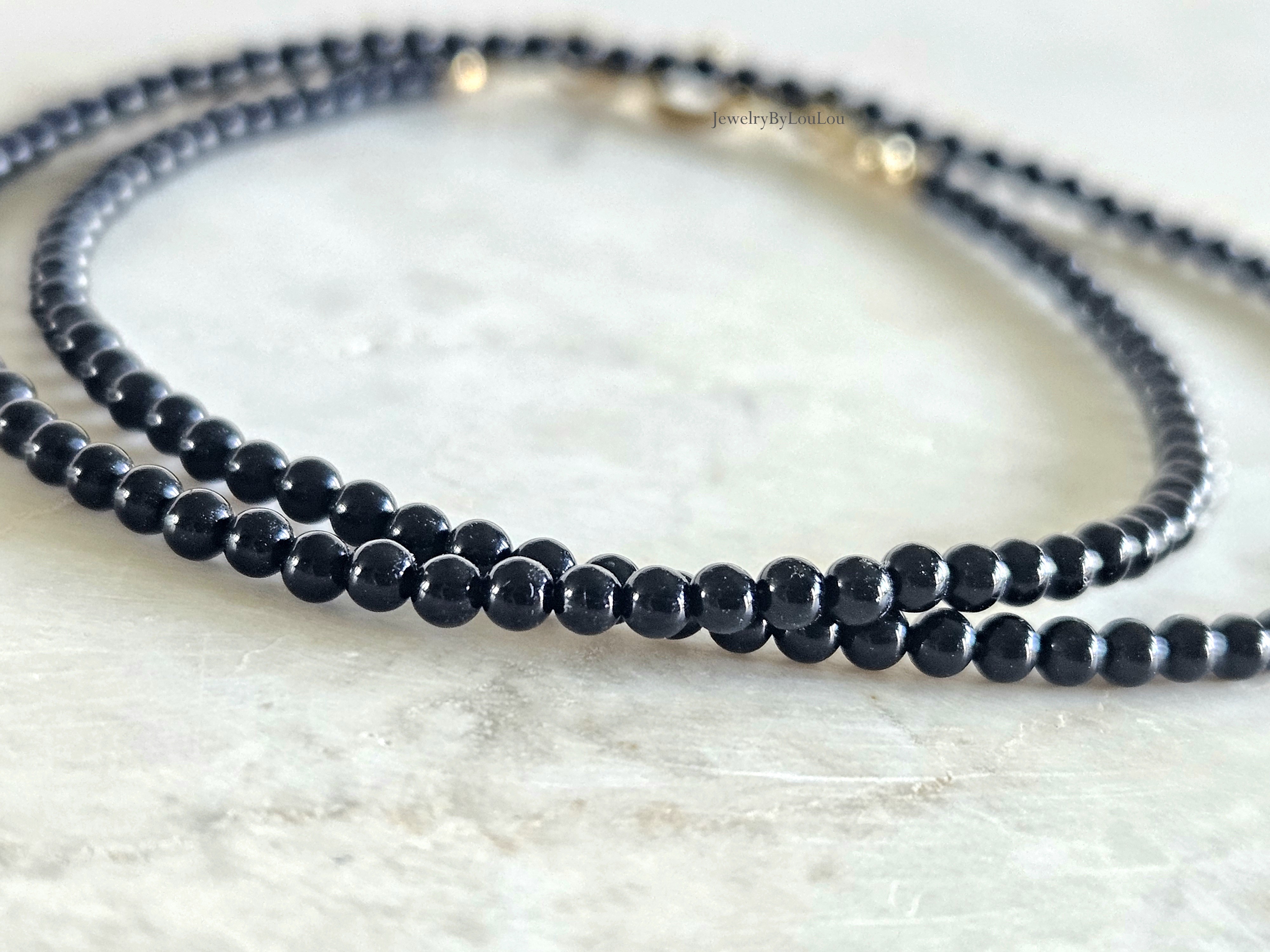 Zwarte onyx kralen ketting, leverbaar 14k goldfilled - 925 sterling zilver