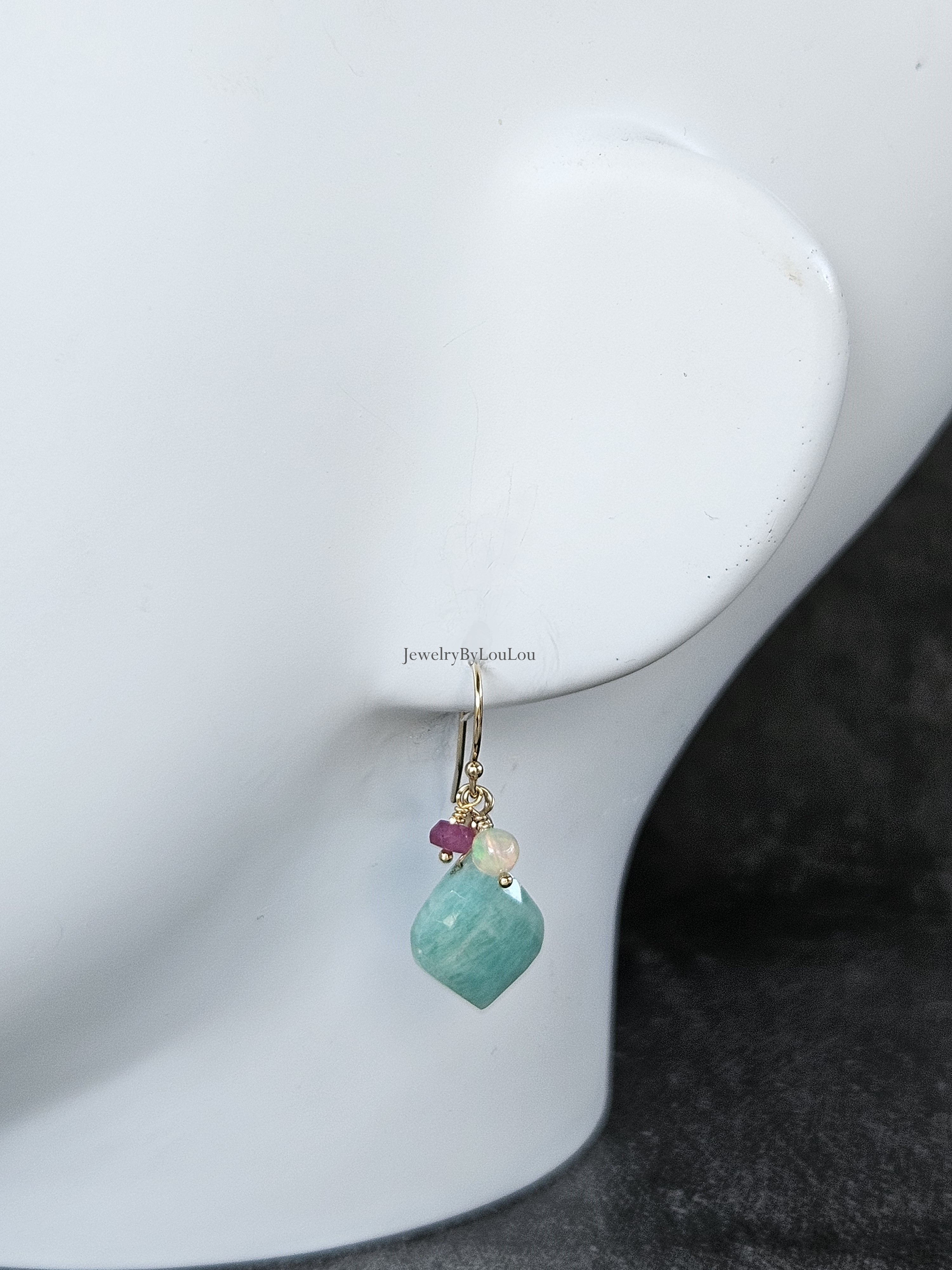 Amazoniet, Opaal, roze Saffier oorbellen  14k goldfilled - 925 sterling zilver