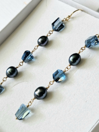 Peacock zoetwaterparel en London Blue Topaas oorbellen, 14k goldfilled - 925 sterling zilver