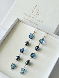 Peacock zoetwaterparel en London Blue Topaas oorbellen, 14k goldfilled - 925 sterling zilver