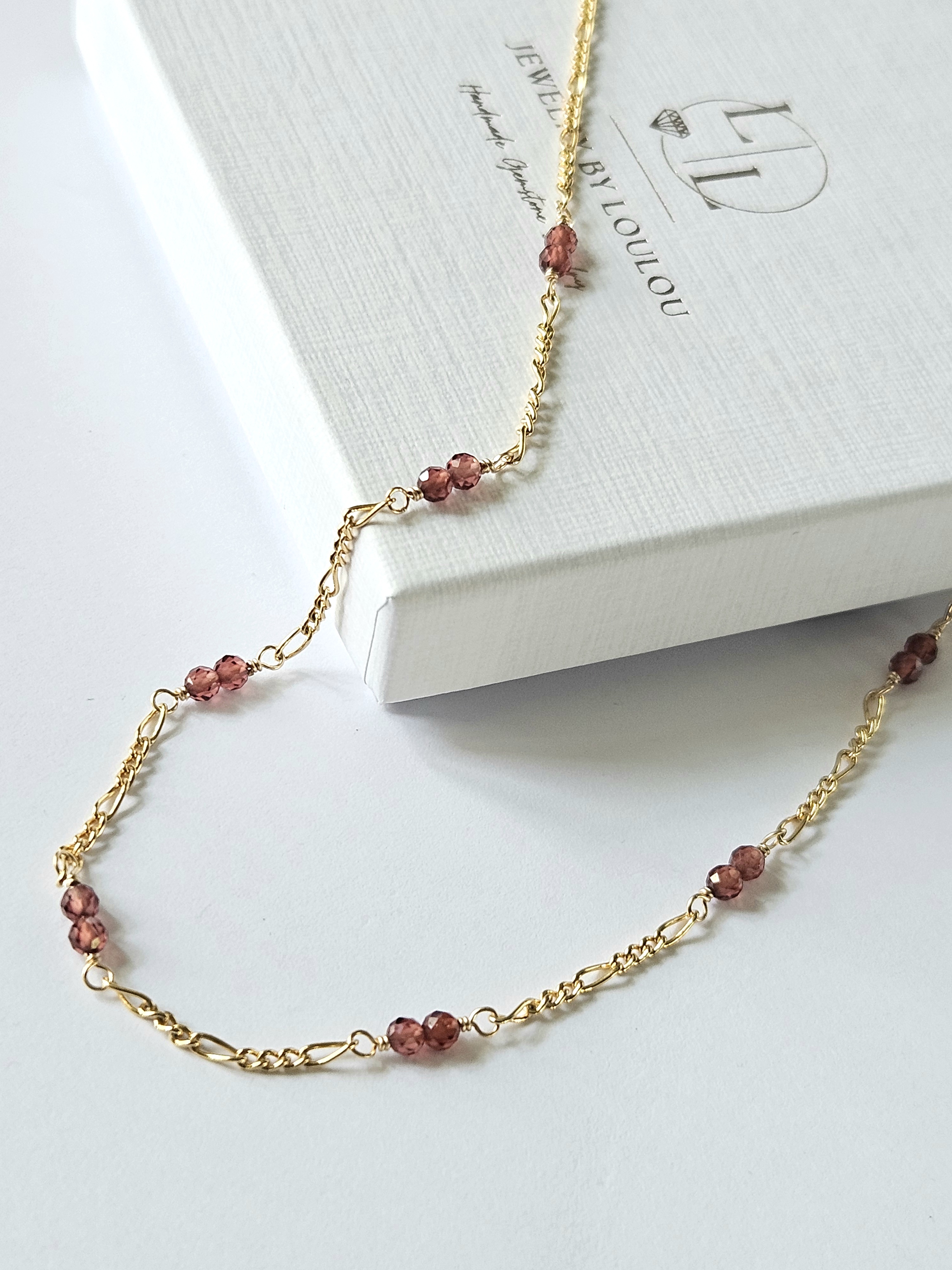 Figaro schakelketting met Malaya granaat 14k goldfilled - 925 sterling zilver