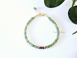 Groene Apatiet & Rhodoliet Granaat edelstenen kralen armband, leverbaar 14k goldfilled - 925 sterling zilver