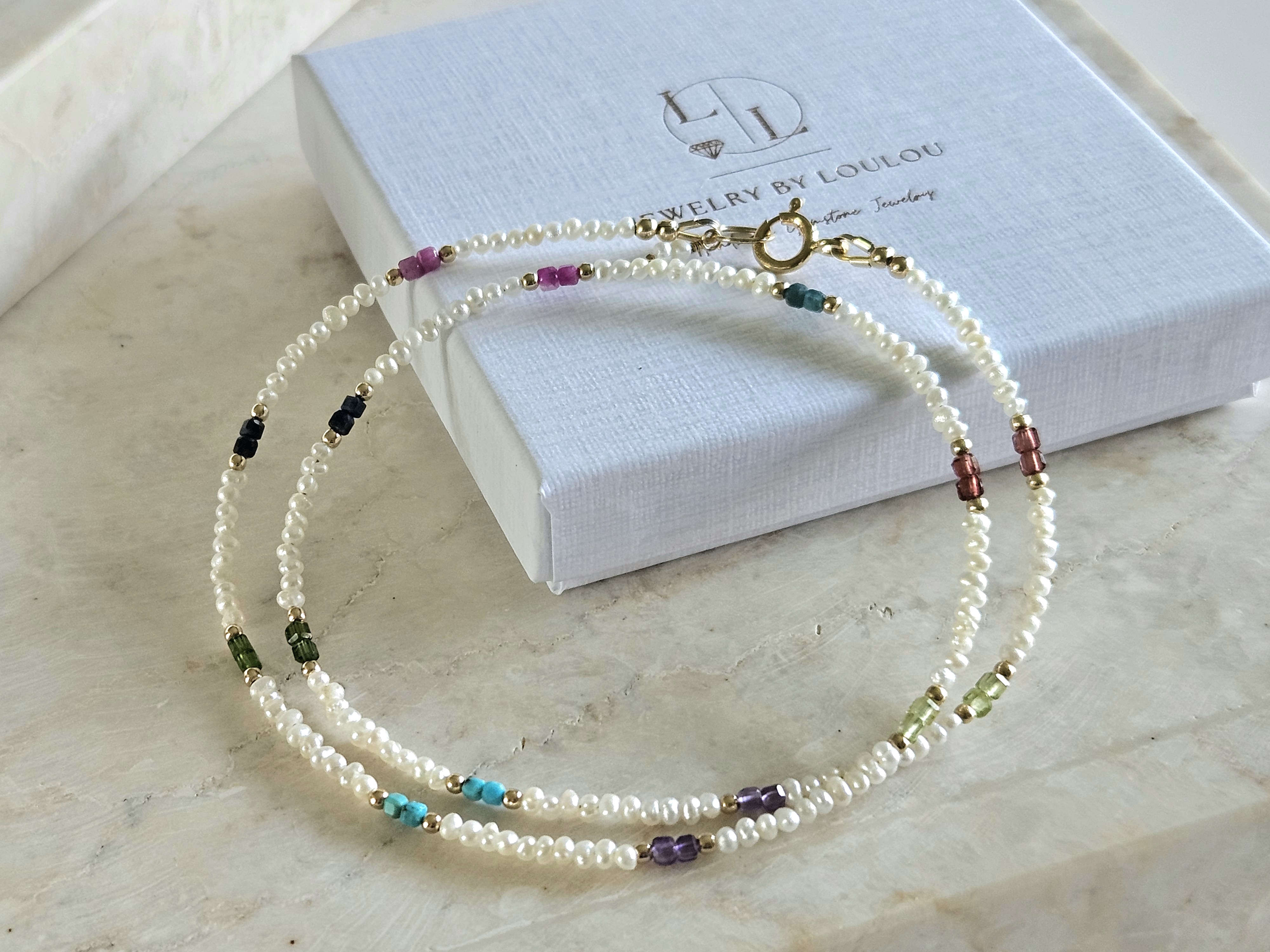 Zoetwaterparels en Edelstenen kralen ketting, 14k goldfilled - 925 sterling zilver