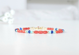 Red Deep Sea Coral, Lapis Lazuli and Turquoise beaded bracelet, 14k Goldfilled - 925 Sterling Silver