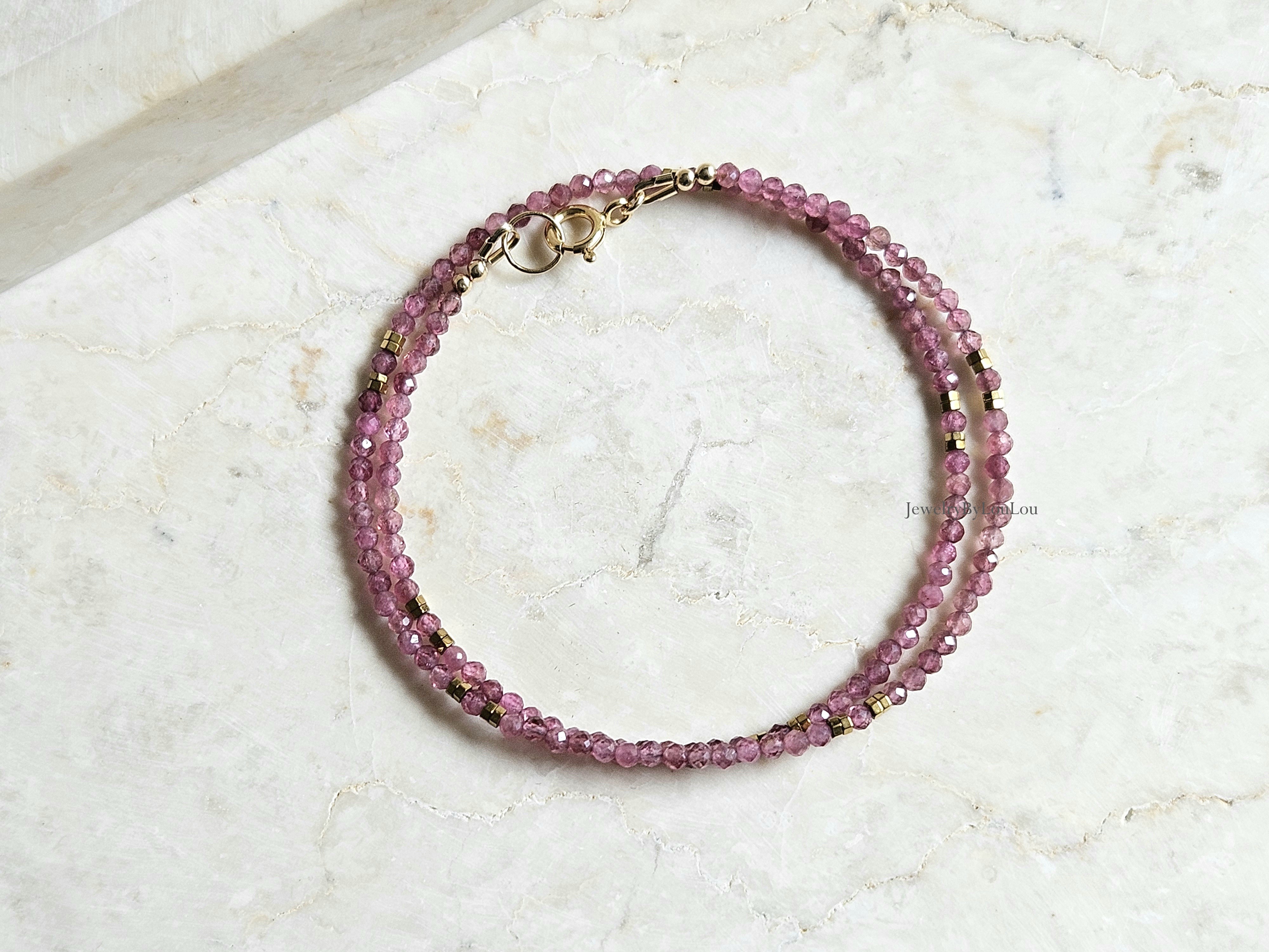 Pink Tourmaline beaded necklace, 14k goldfilled - 925 sterling silver