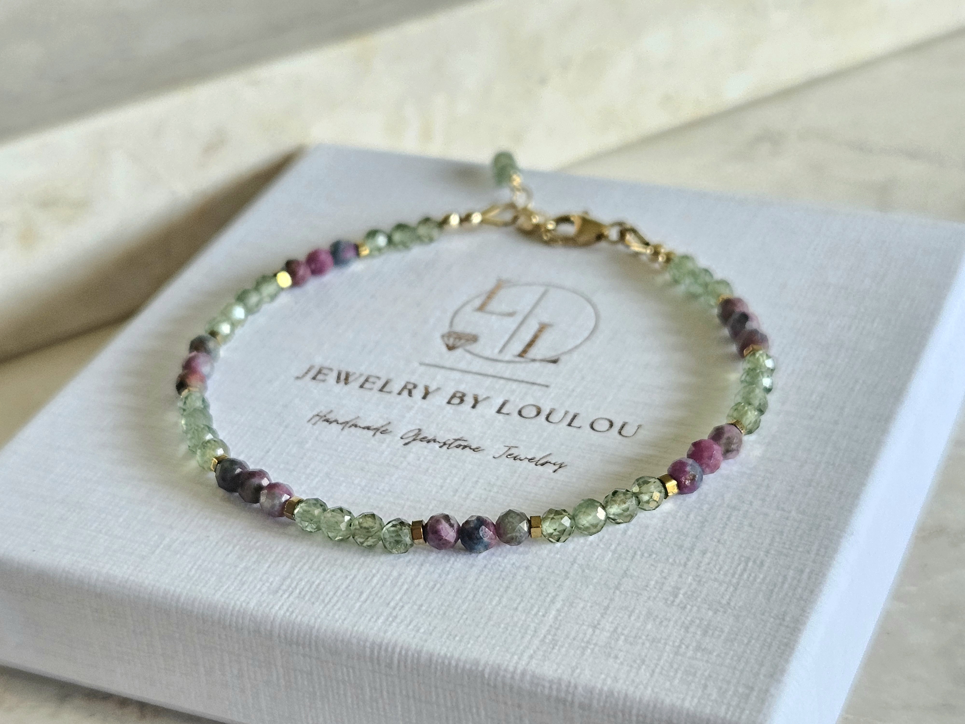 Apatiet en Robijn-Kyaniet Fuchsiet edelstenen kralen armband  14k goldfilled - 925 sterling zilver