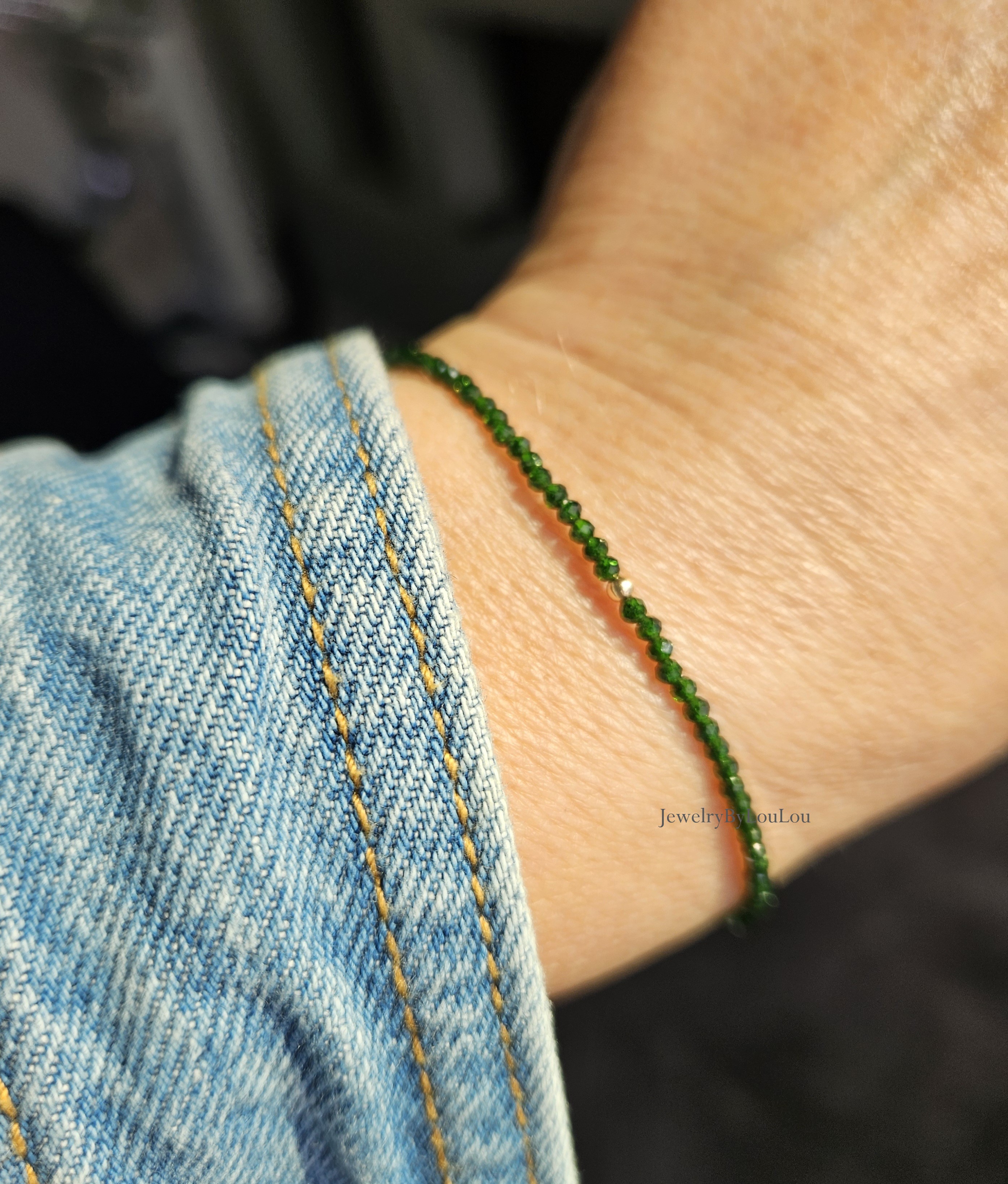 Chroom Diopside 2mm beaded bracelet,  14k goldfilled - 925 sterling silver