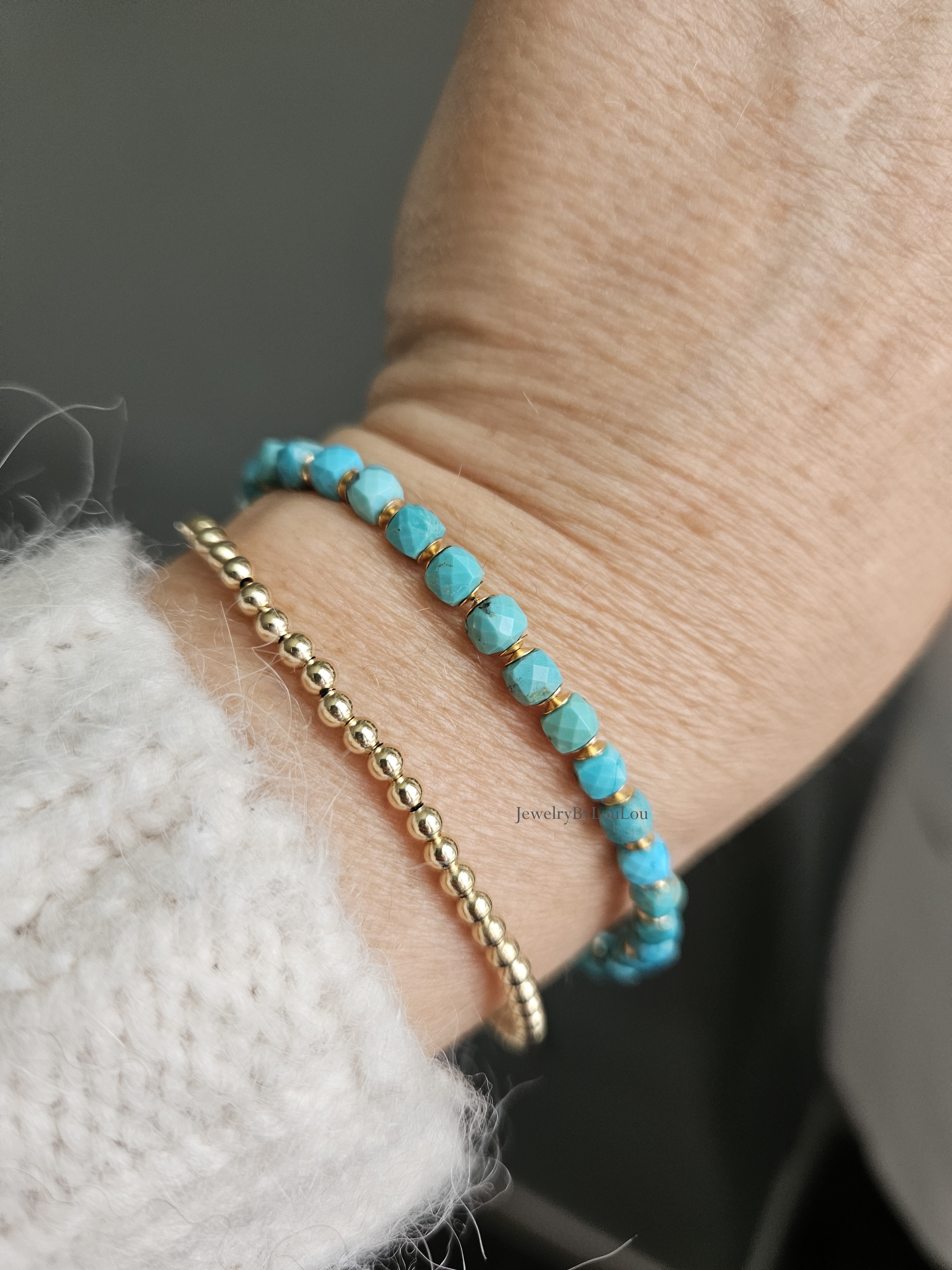 Natuurlijke Arizona Turquoise kralen armbandje, 14k goldfilled