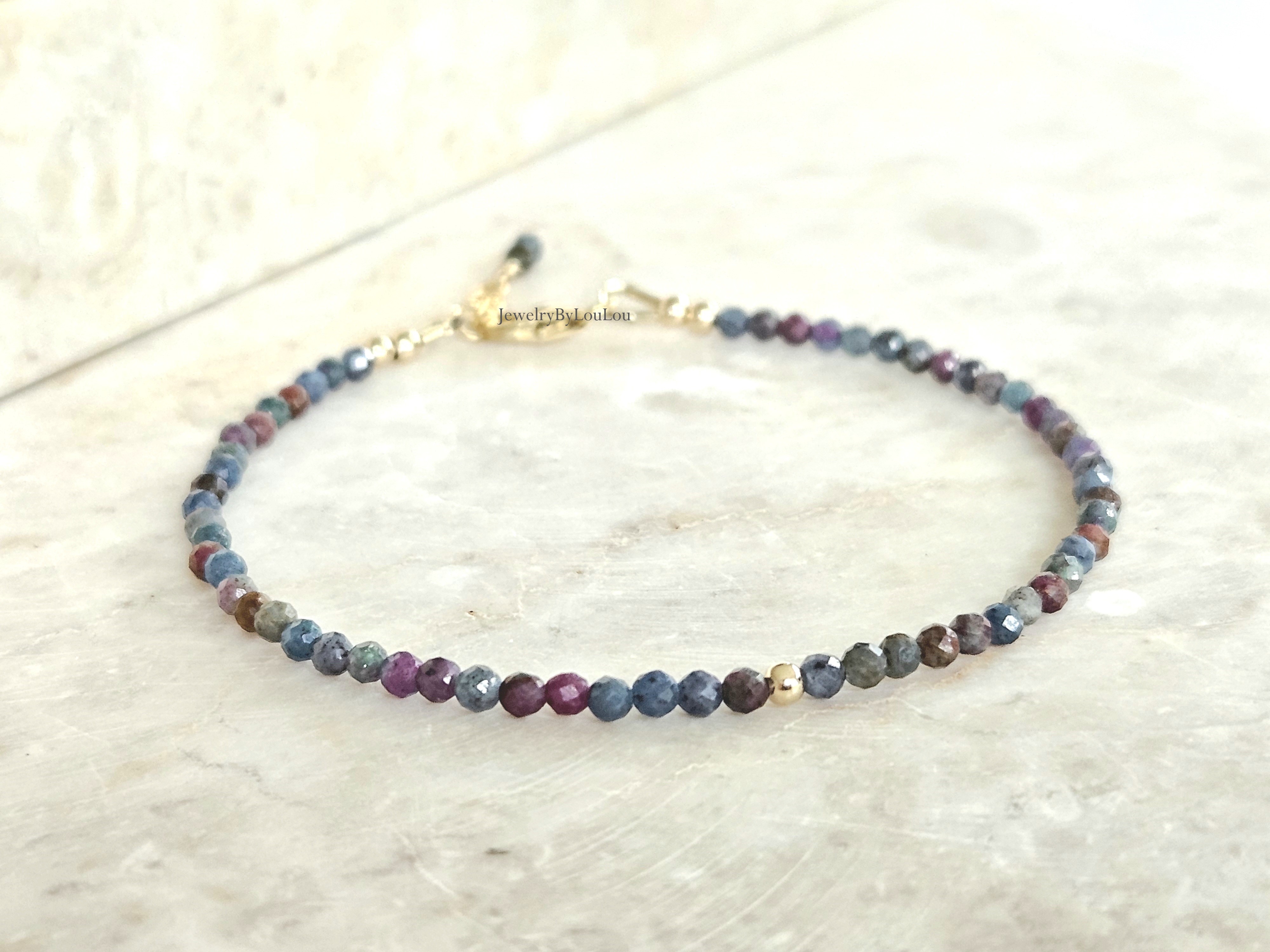 Robijn-Fuchsiet in Kyaniet kralen armband  14k goldfilled - 925 sterling zilver