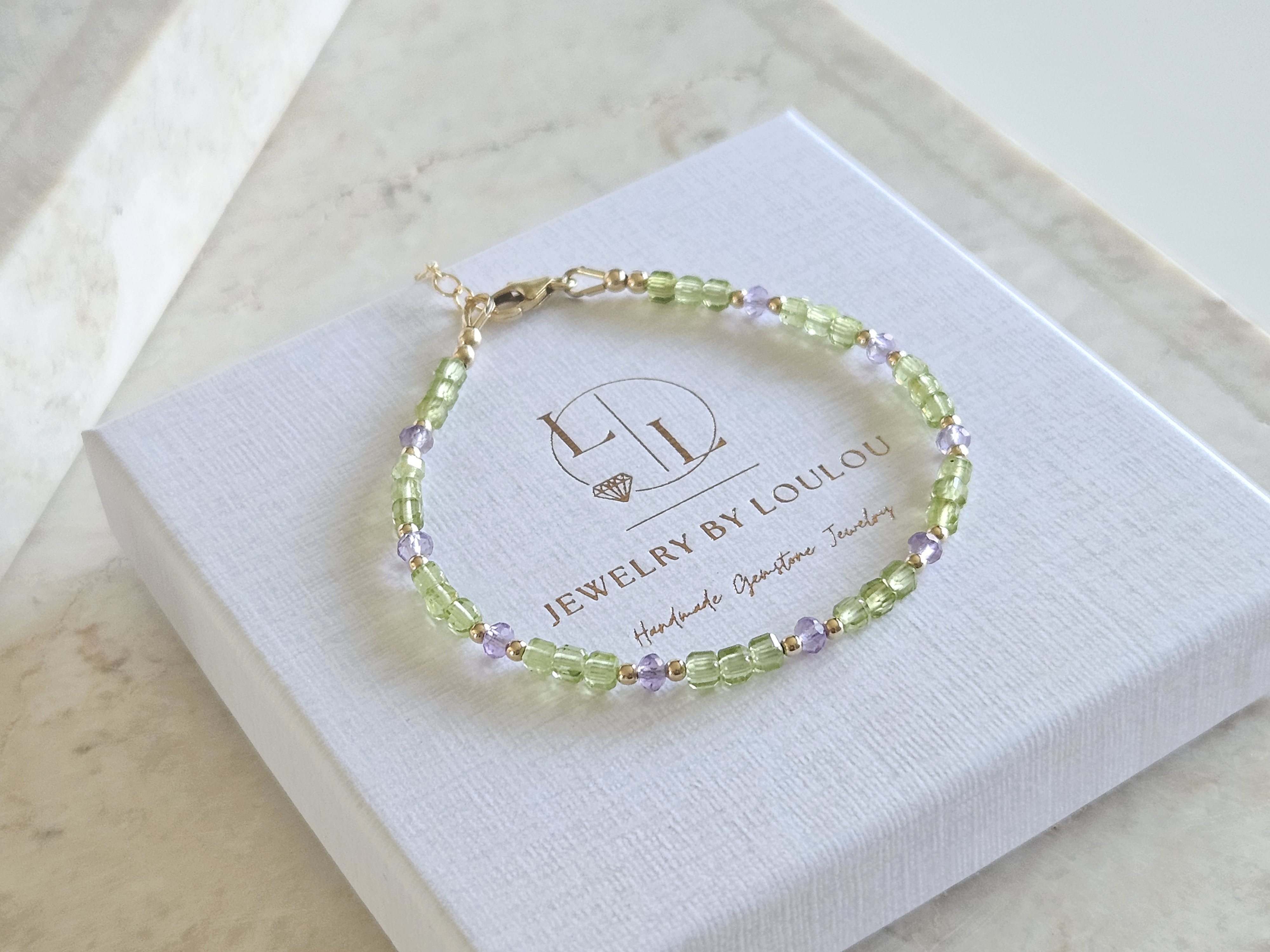AAA kwaliteit Peridoot em Amethist kralen armband, 14k goldfilled & 925 sterling zilver
