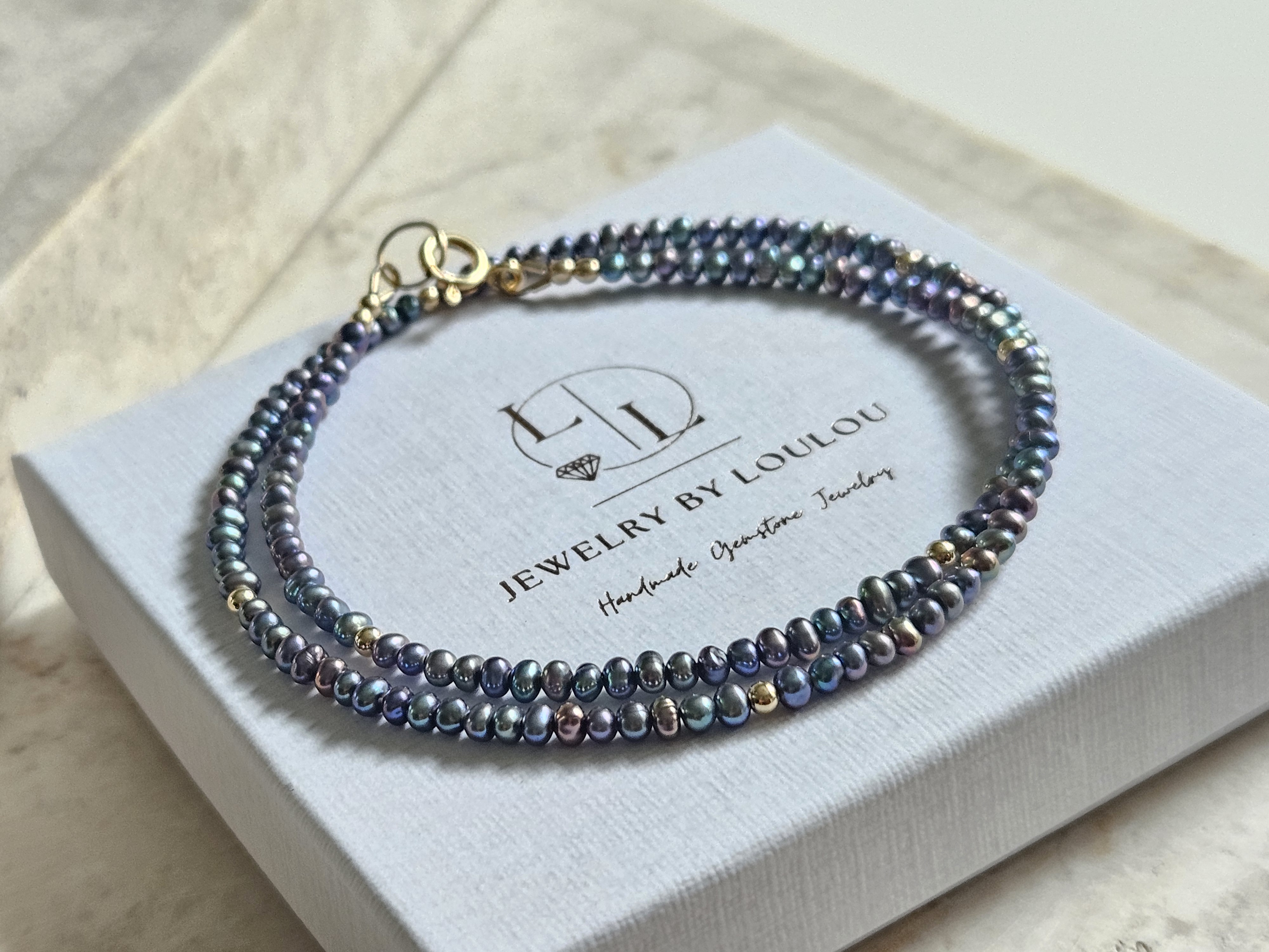 Peacock freshwaterpearl beaded necklace, 14k goldfilled - 925 sterling silver