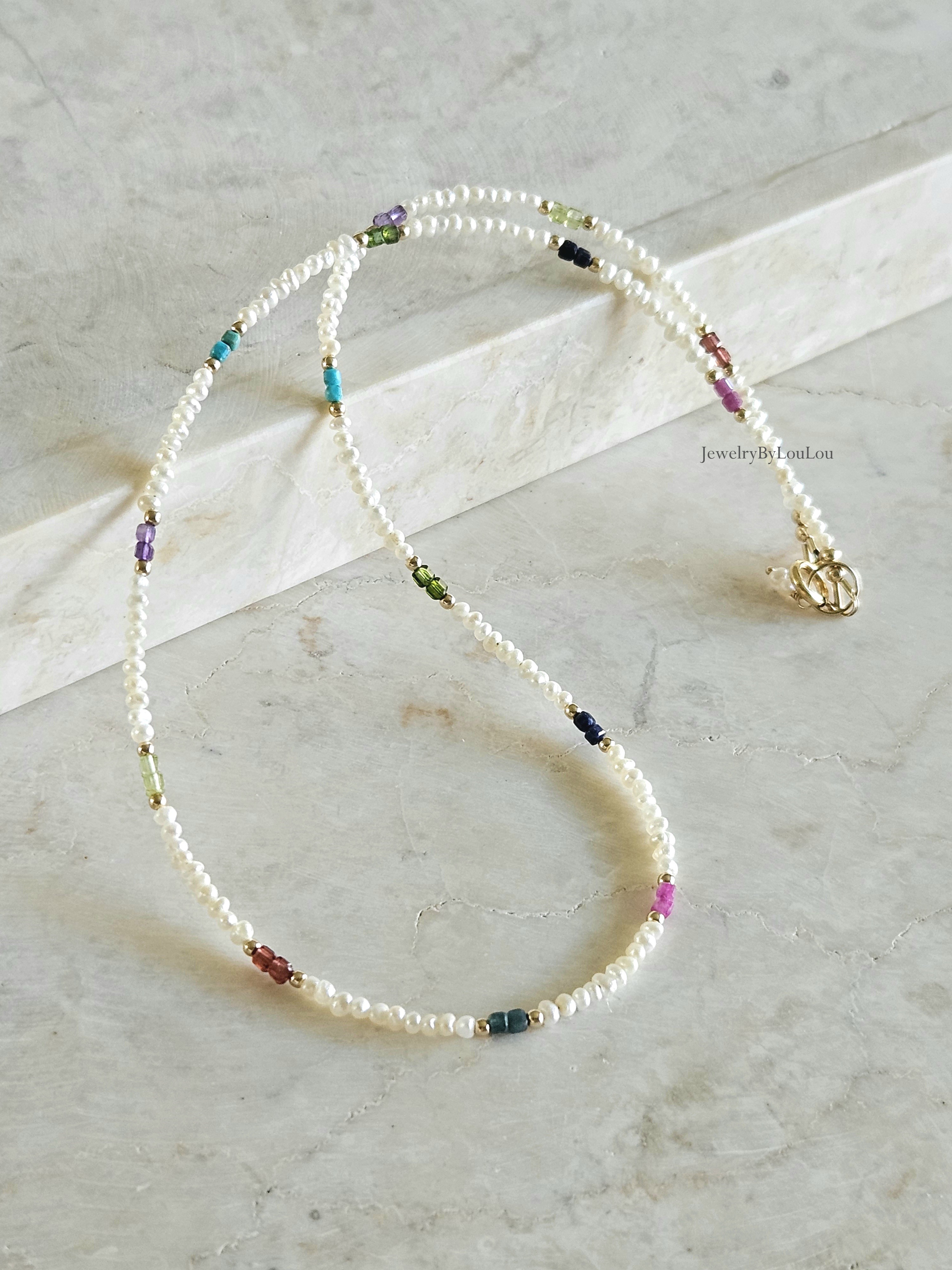 Zoetwaterparels en Edelstenen kralen ketting, 14k goldfilled - 925 sterling zilver