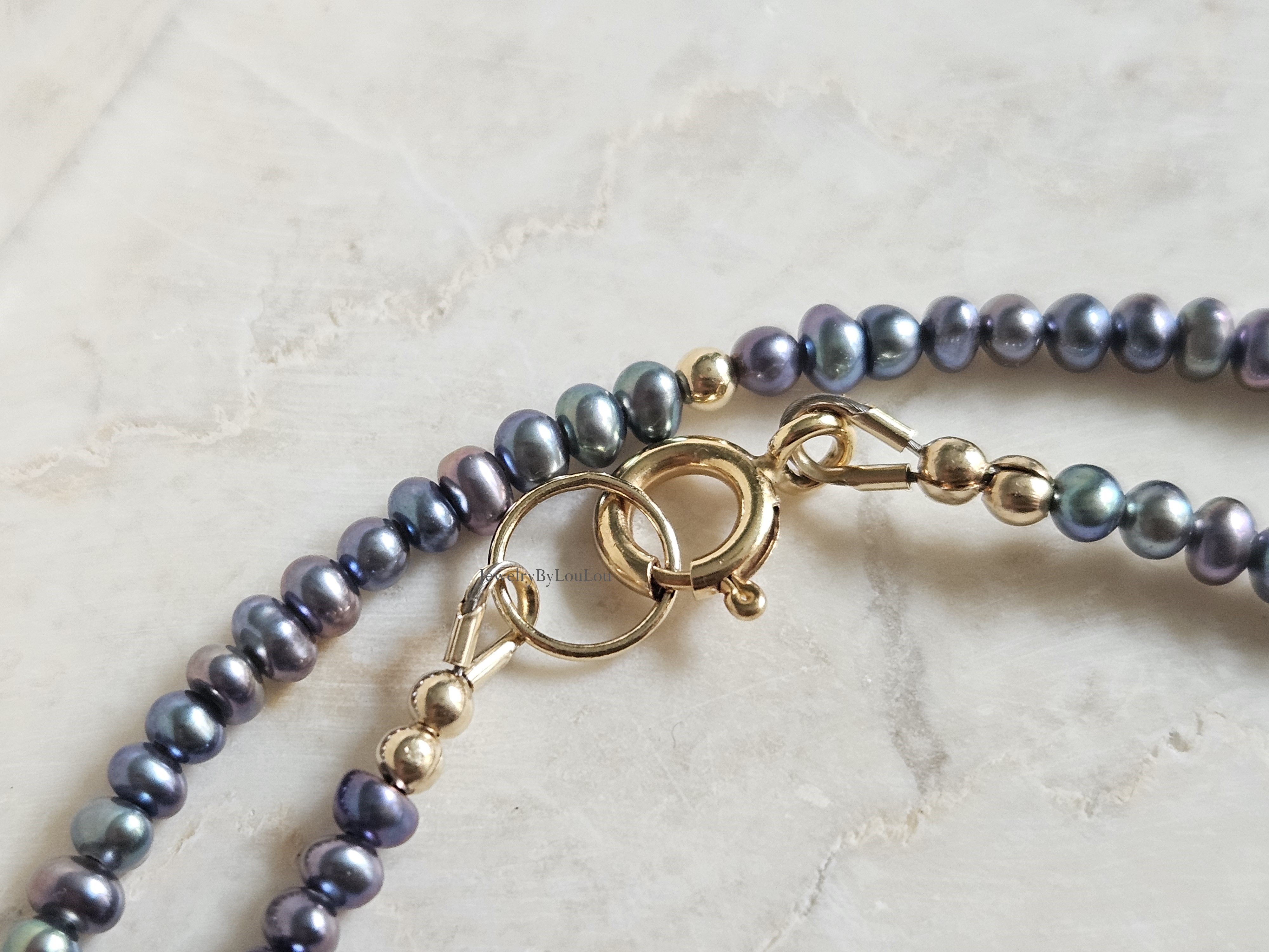 Peacock freshwaterpearl beaded necklace, 14k goldfilled - 925 sterling silver
