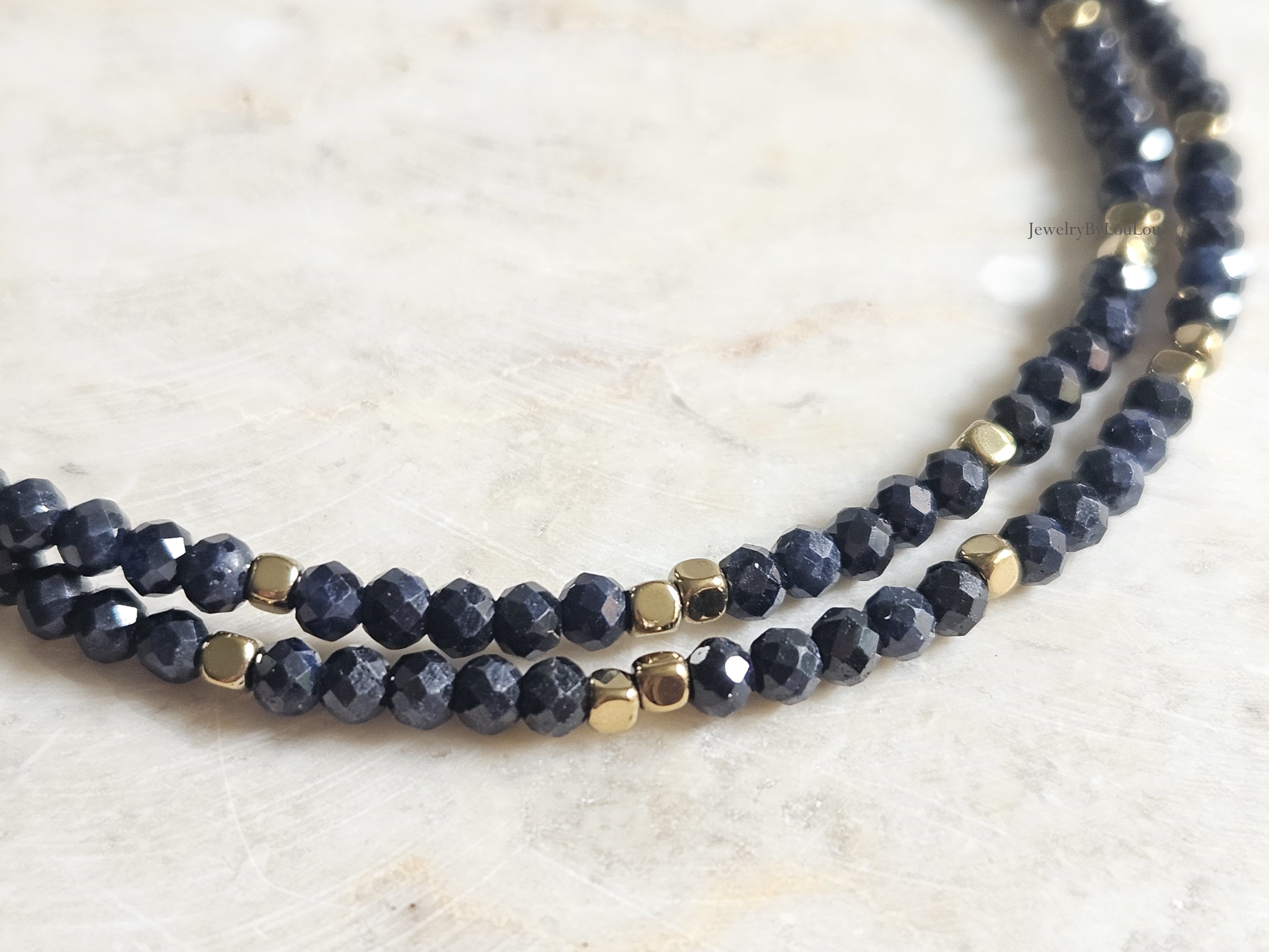 Darkblue Sapphire beaded necklace, 14k goldfilled - 925 sterling silver