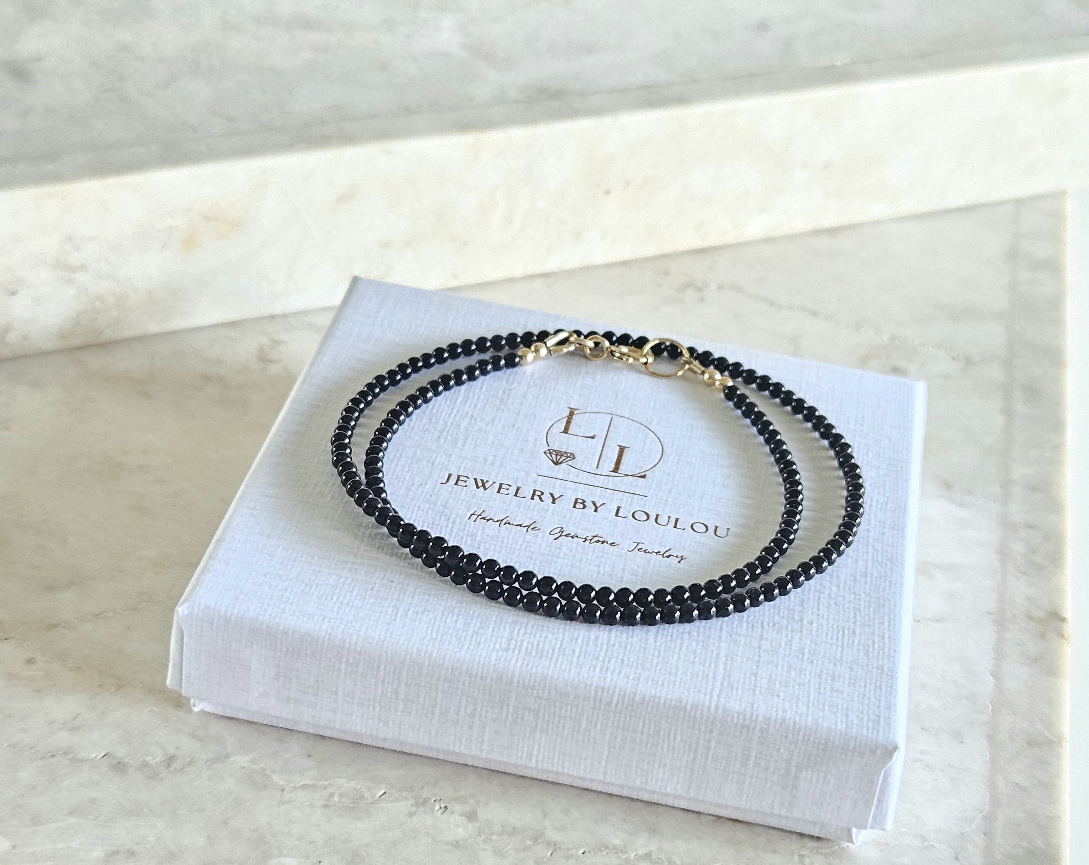 Zwarte onyx kralen ketting, leverbaar 14k goldfilled - 925 sterling zilver