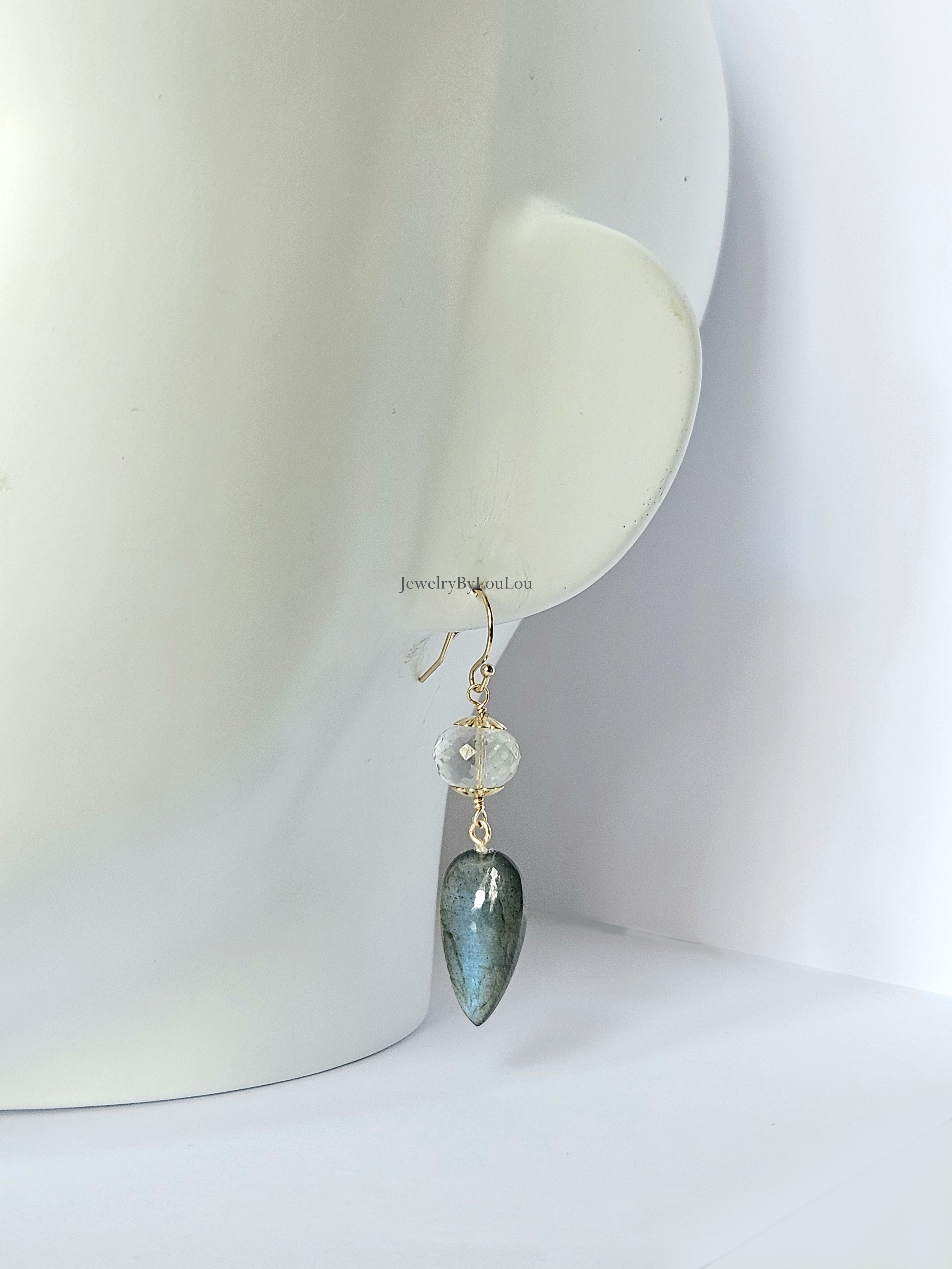 Labradoriet en groene Amethist  oorbellen  14k goldfilled & 925 sterling zilver