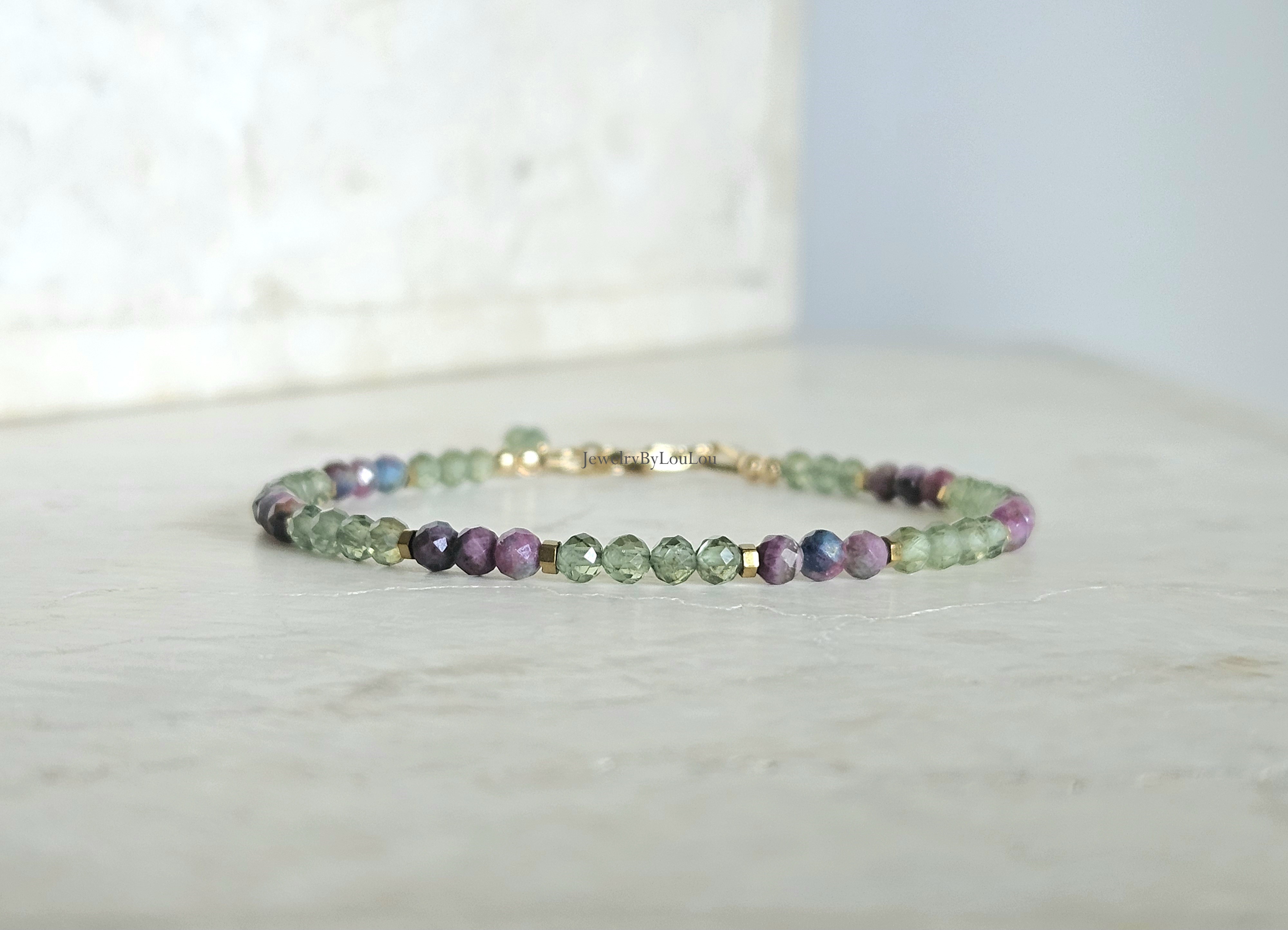 Apatiet en Robijn-Kyaniet Fuchsiet edelstenen kralen armband  14k goldfilled - 925 sterling zilver