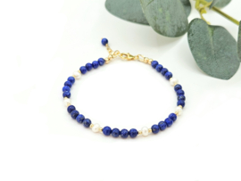 Lapis Lazuli en Zoetwaterparel kralen armband, 14k goldfilled & 925 sterling zilver