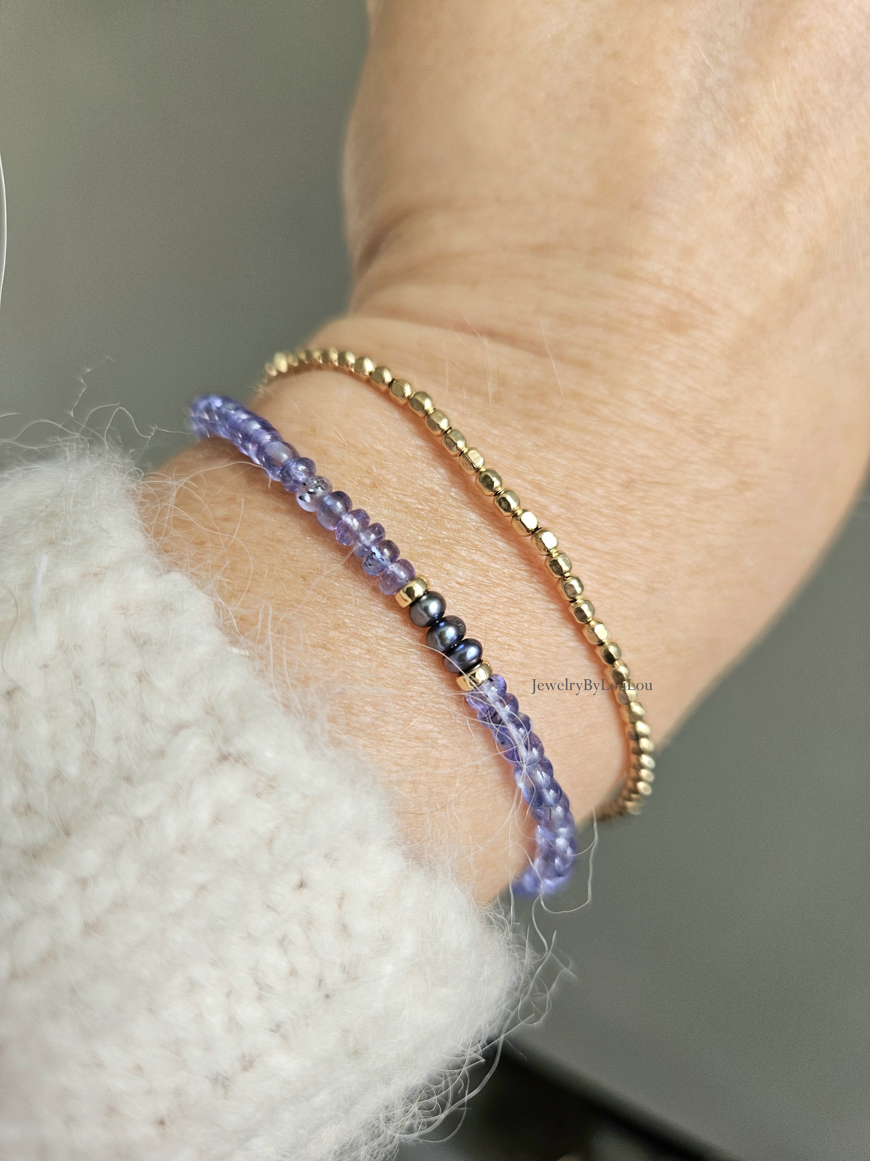 Tanzanite and Peacock freshwaterpearl beaded bracelet, 14k goldfilled - 925 sterling silver