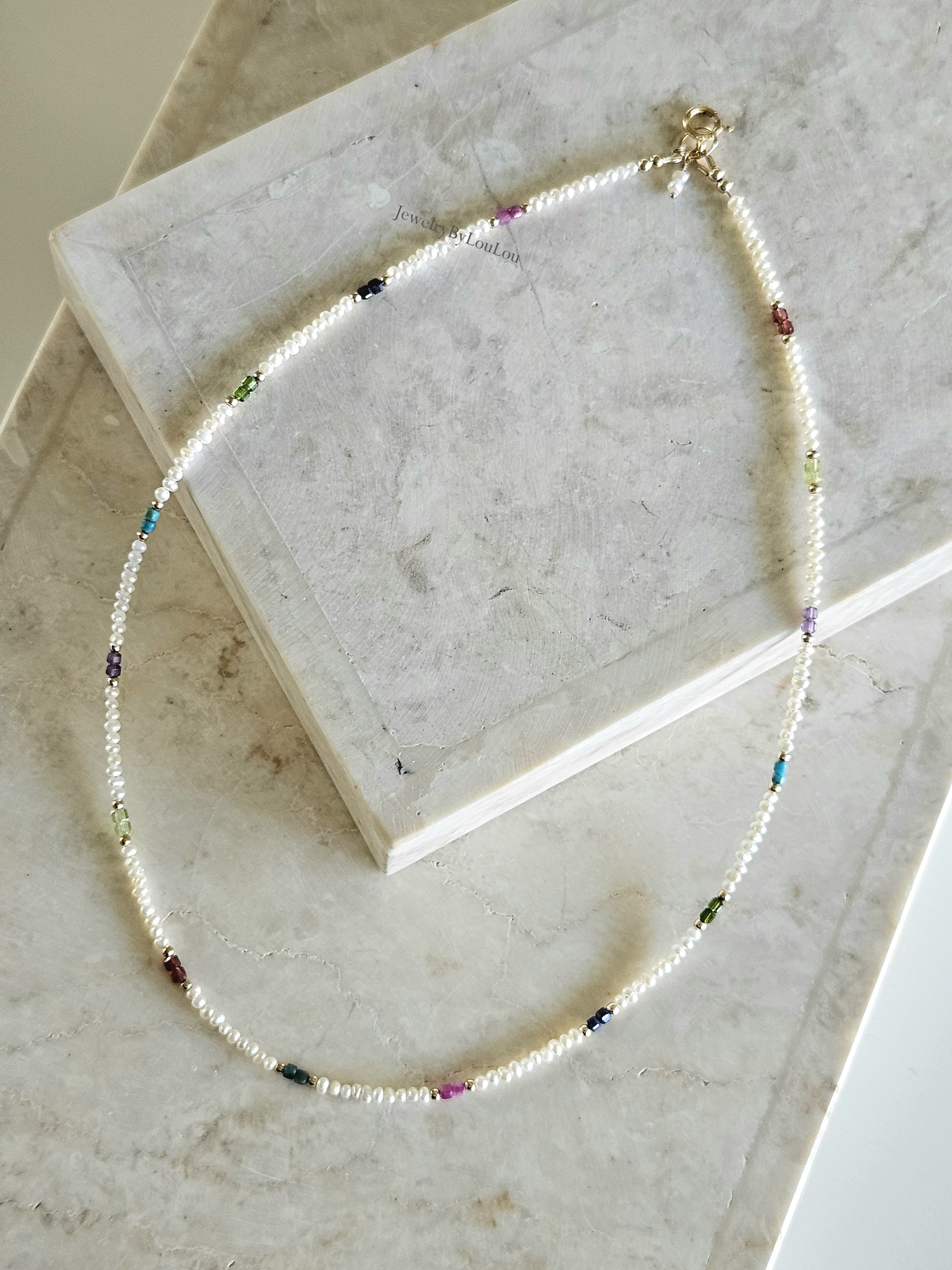 Zoetwaterparels en Edelstenen kralen ketting, 14k goldfilled - 925 sterling zilver