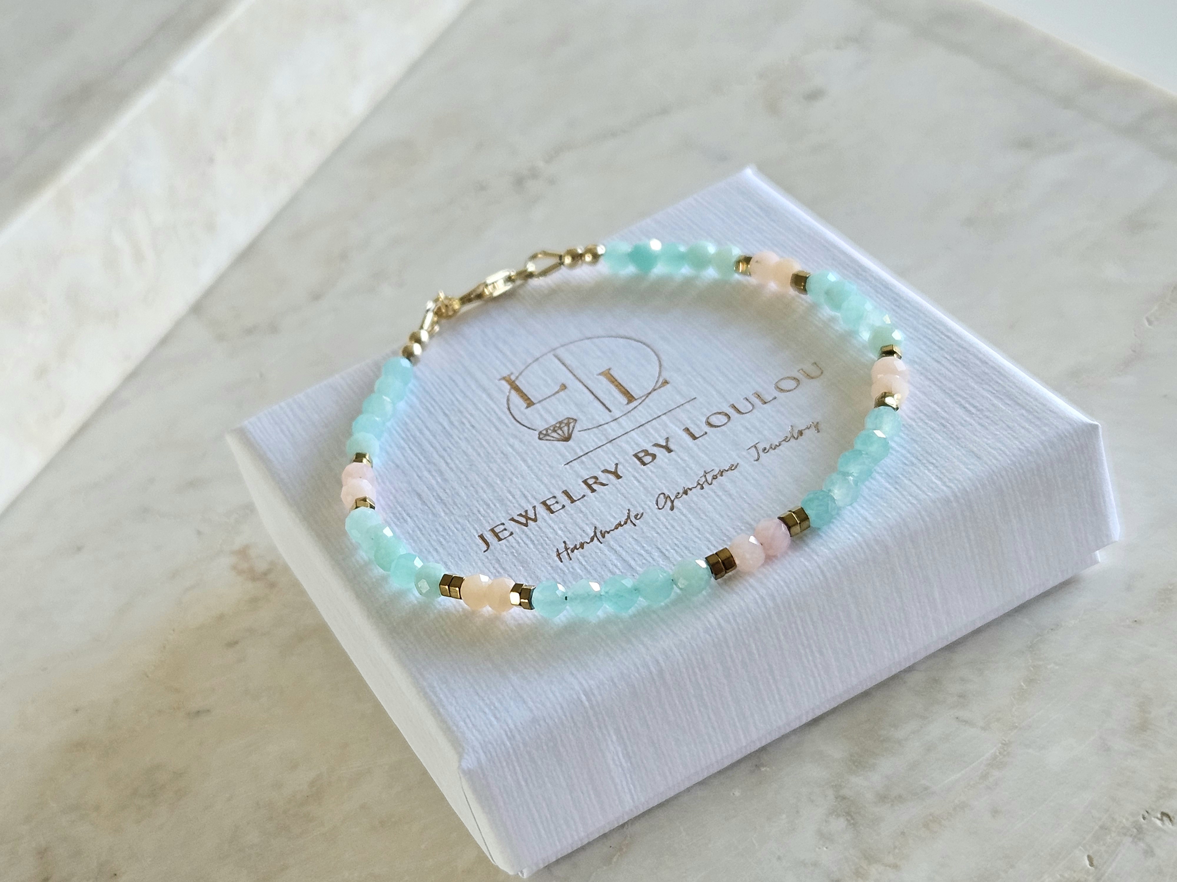 Amazoniet  en roze Opaal kralen armband, 14k goldfilled - 925 sterling zilver