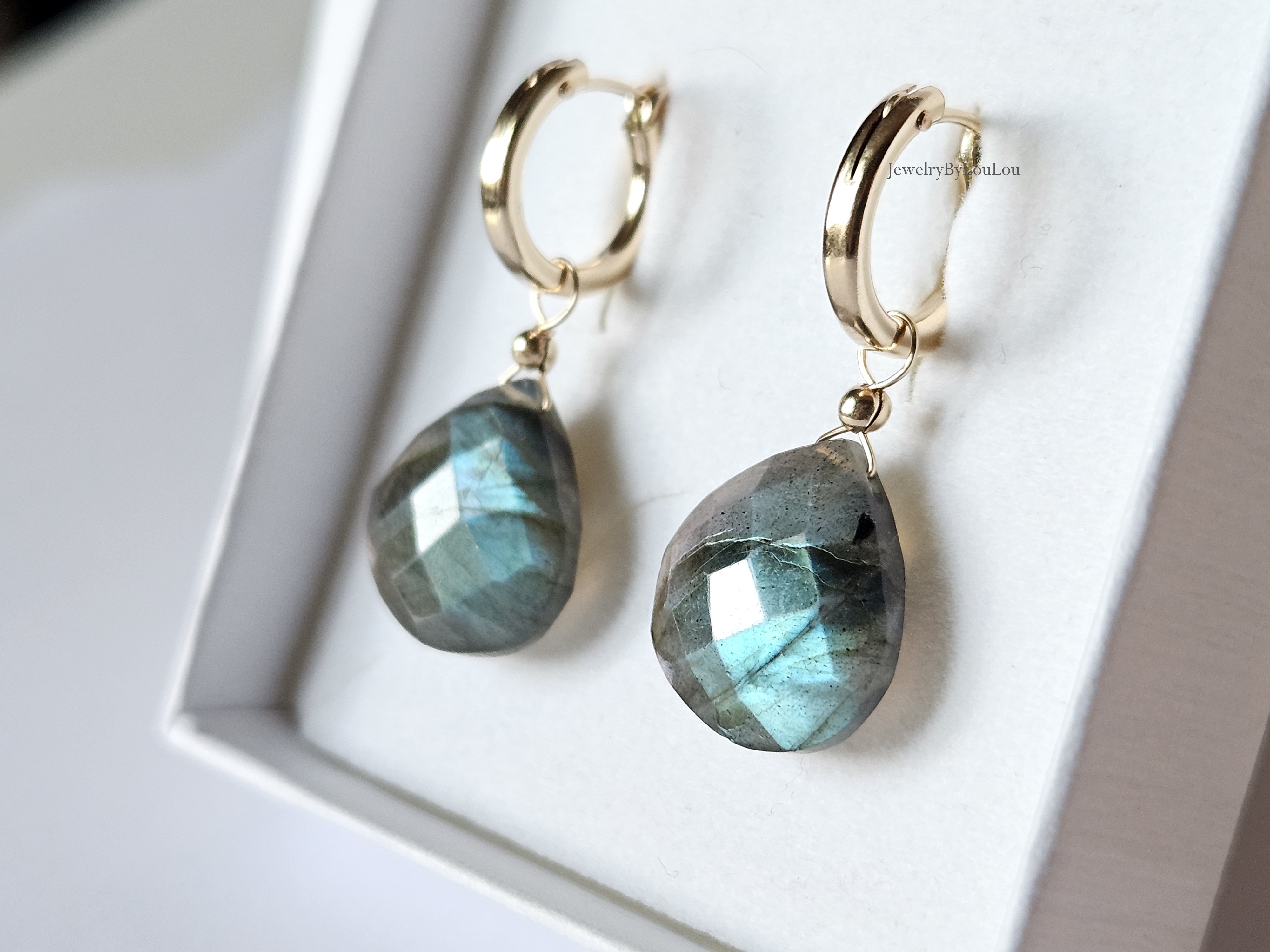 Labradoriet oorringen creolen  14k goldfilled & 925 sterling zilver