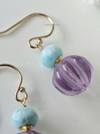 Amethist en Larimar oorbellen, 14k goldfilled - 925 sterling zilver