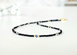 Zwarte Spinel en ruwe blauwe diamanten kralen ketting, 14k goldfilled - 925 zilver