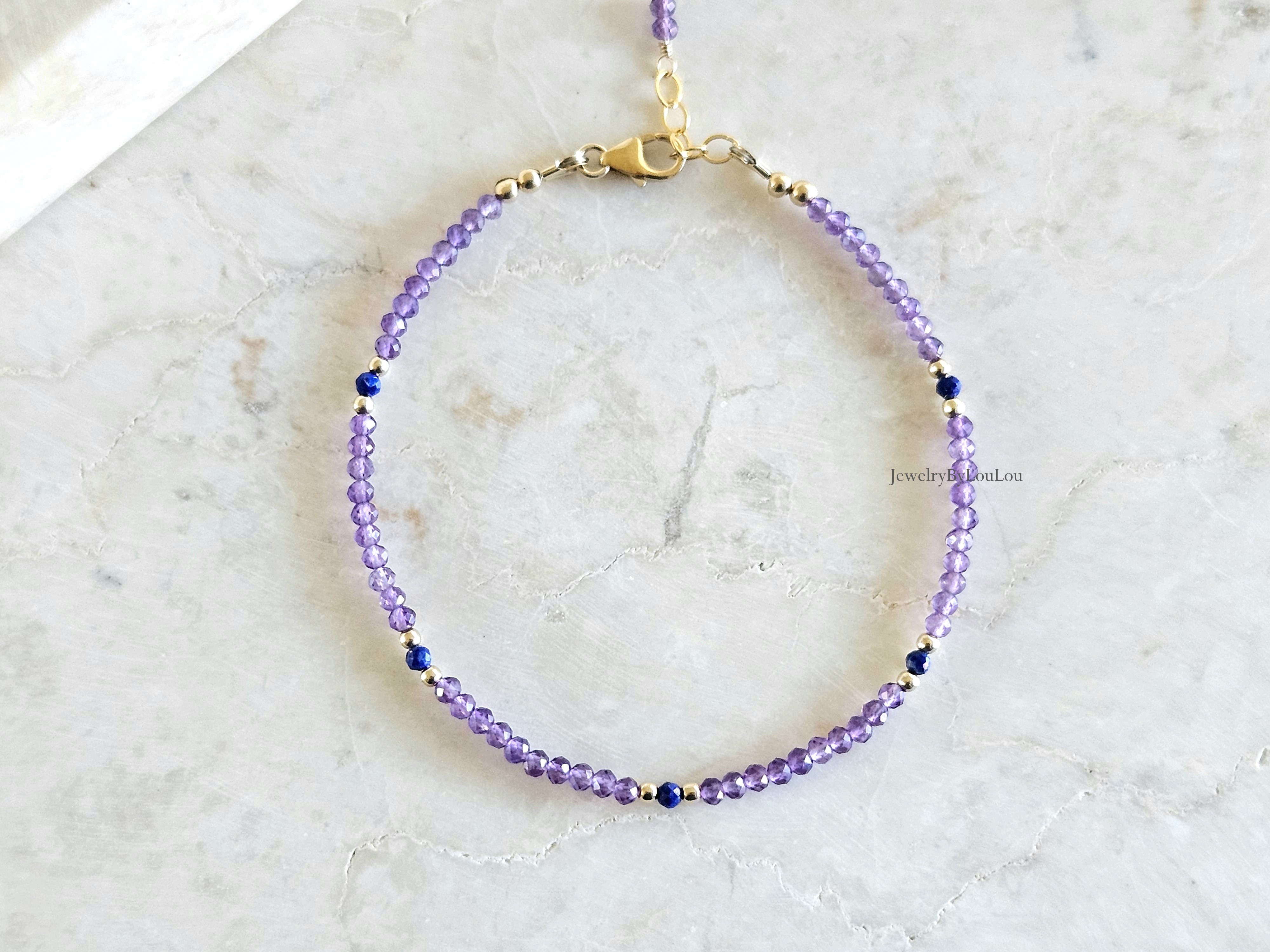 Amethist & Lapis Lazuli edelstenen kralen armband, leverbaar 14k goldfilled - 925 sterling zilver