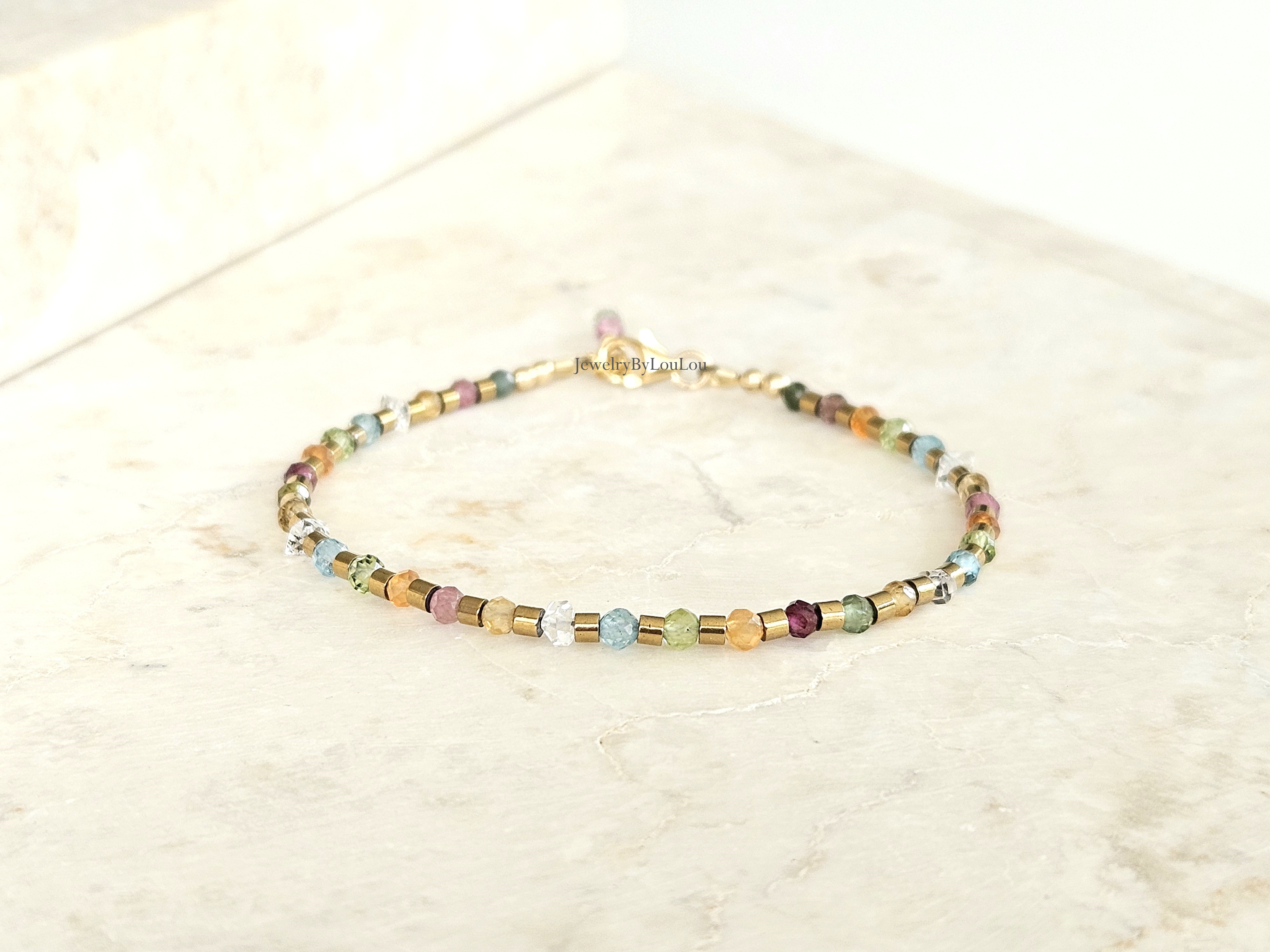 Armband Hematiet en gekleurde edelstenen kralen, 14k goldfilled - 925 sterling zilver