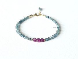 Kyaniet en robijn  kralenarmband, 14k goldfilled - 925 sterling zilver