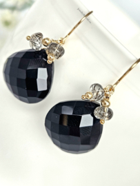 Zwarte Onyx en Toermalijnkwarts kralen oorbellen, leverbaar in 14k goldfilled & 925 sterling zilver